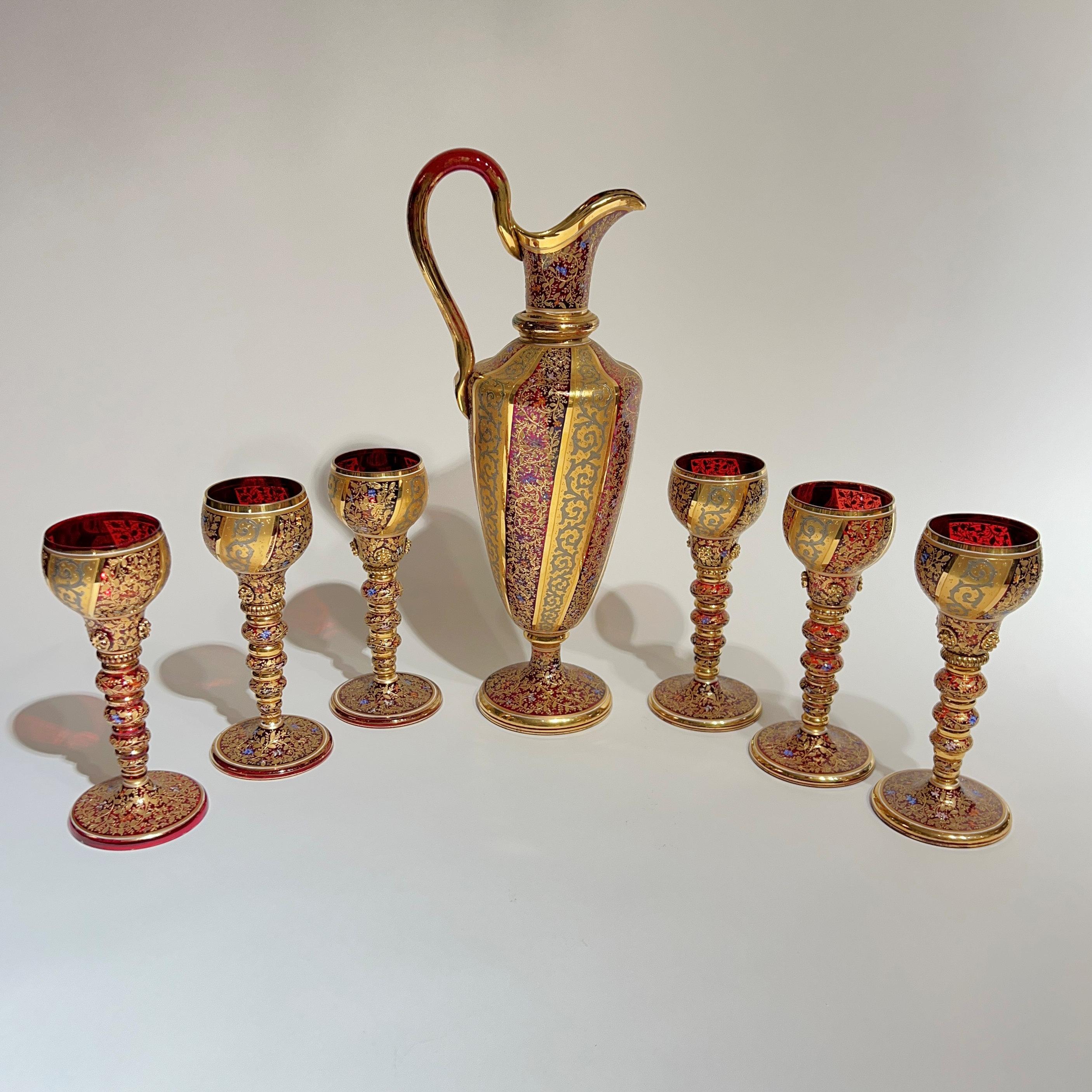 19th Century Moser Gilt and enameled Ruby Red Glass Pitcher and Wine Glass Set In Good Condition In New York, NY
