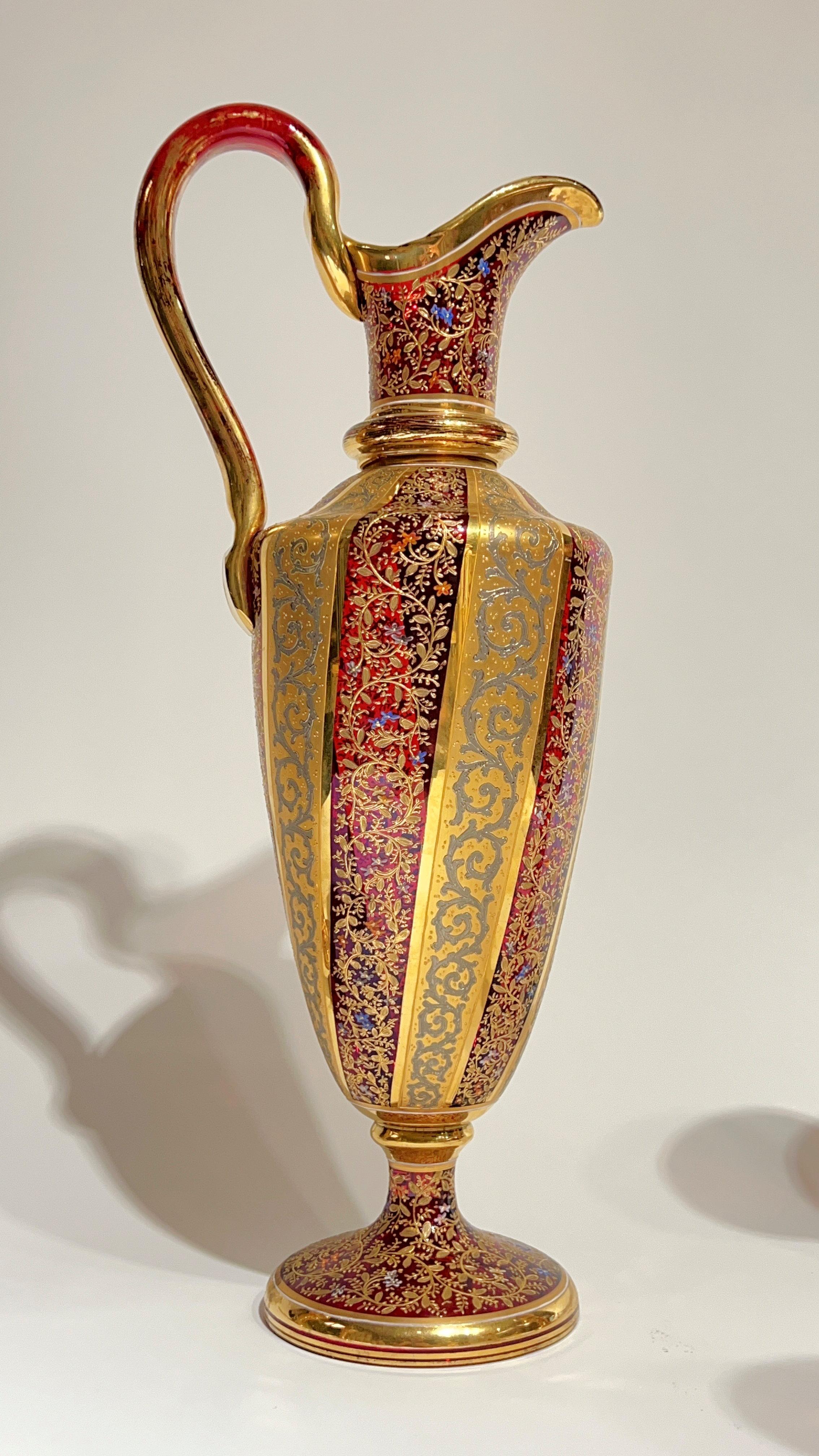 Blown Glass 19th Century Moser Gilt and enameled Ruby Red Glass Pitcher and Wine Glass Set