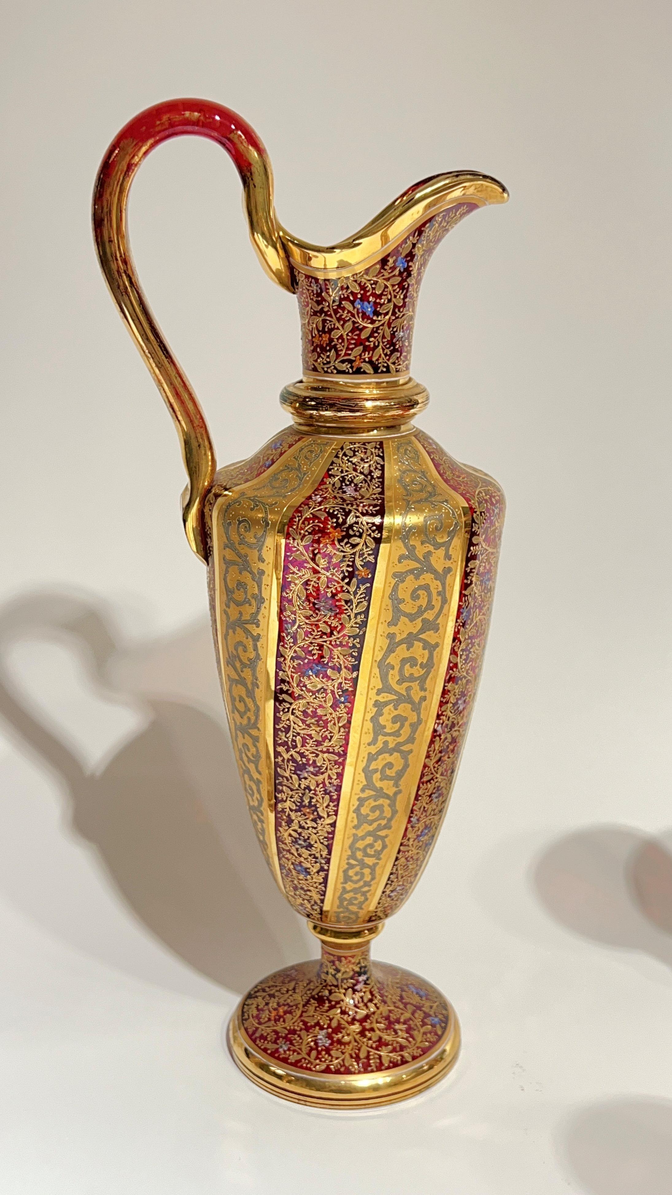 19th Century Moser Gilt and enameled Ruby Red Glass Pitcher and Wine Glass Set 1