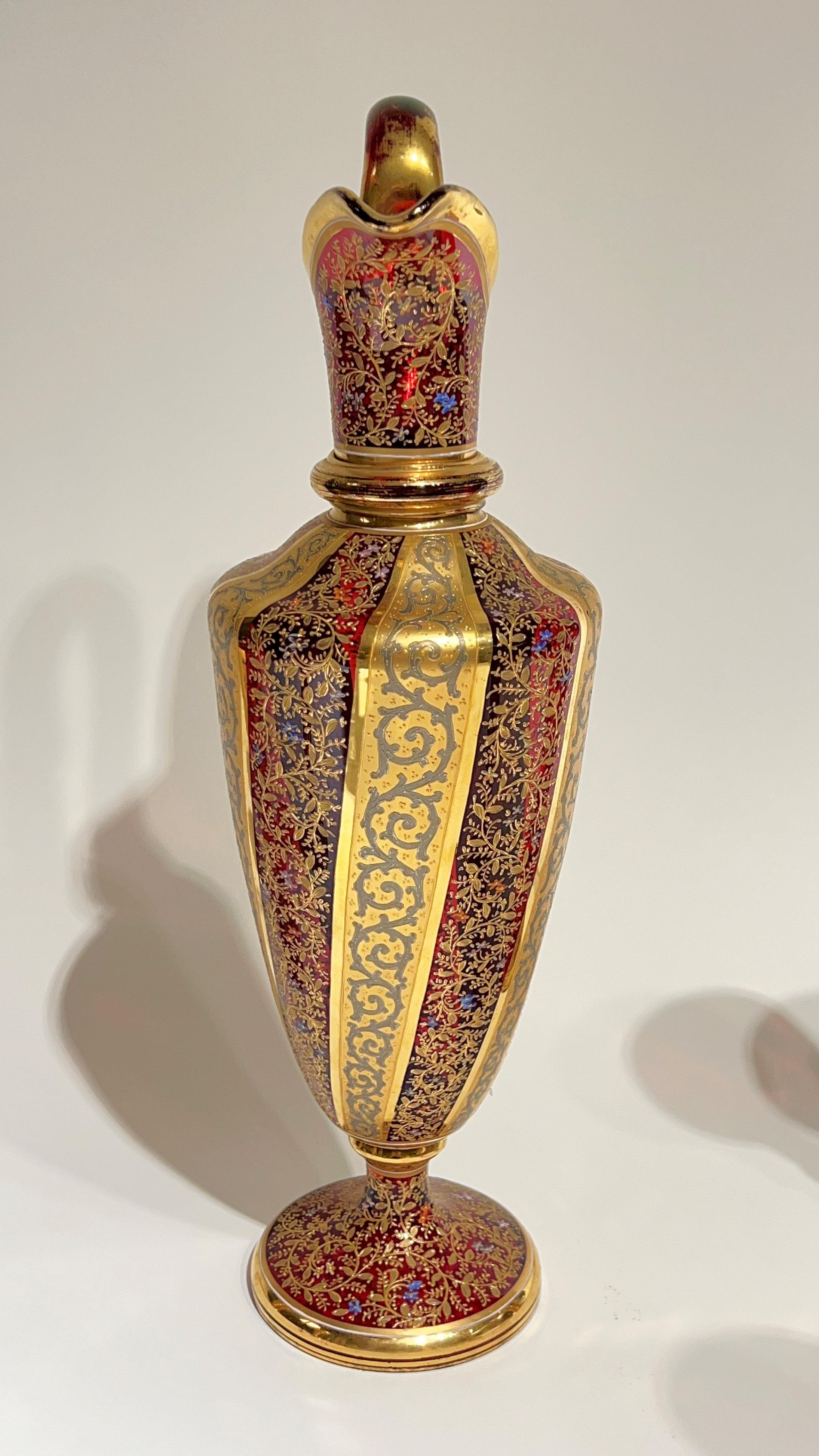 19th Century Moser Gilt and enameled Ruby Red Glass Pitcher and Wine Glass Set 2