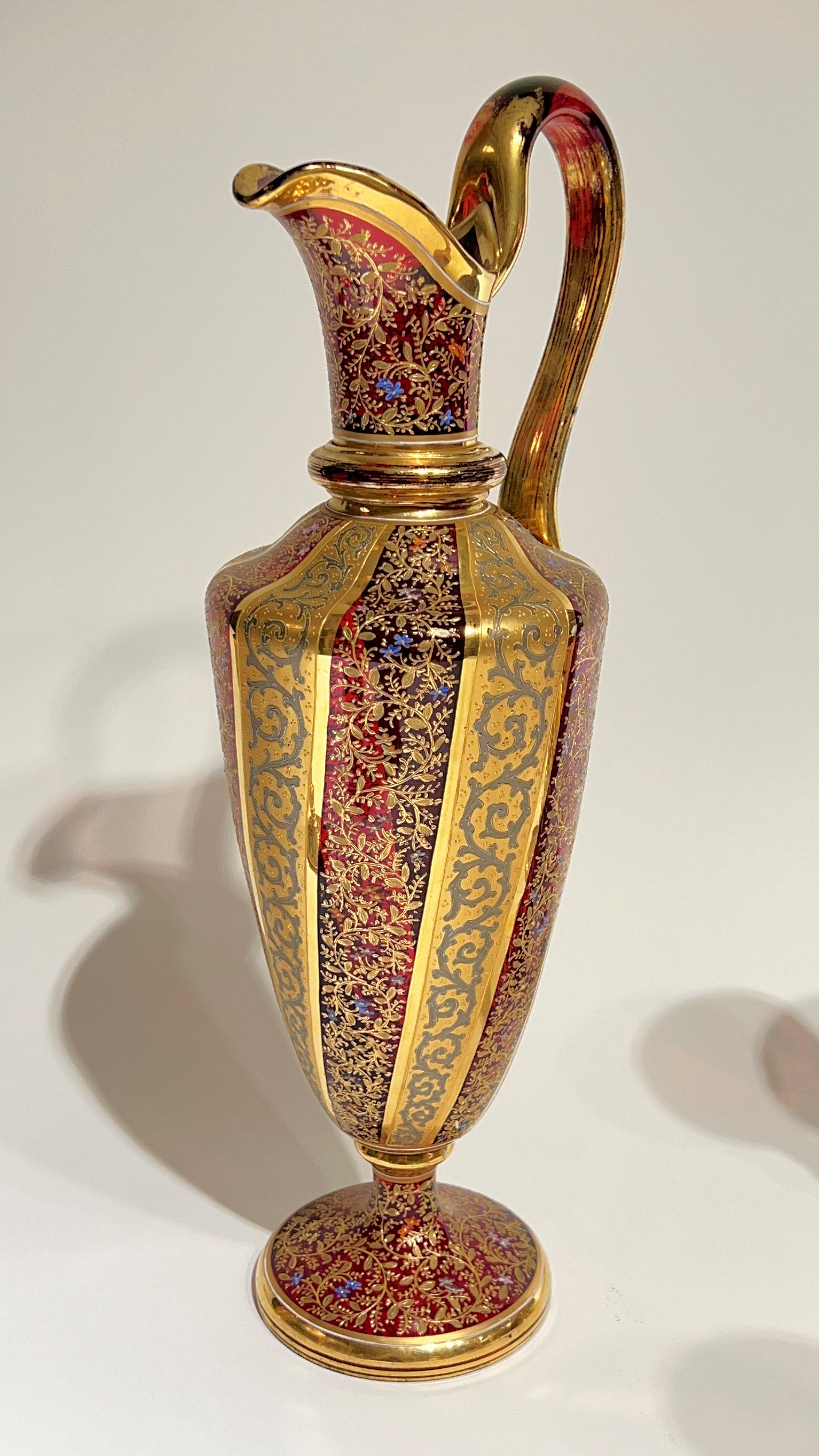 19th Century Moser Gilt and enameled Ruby Red Glass Pitcher and Wine Glass Set 3