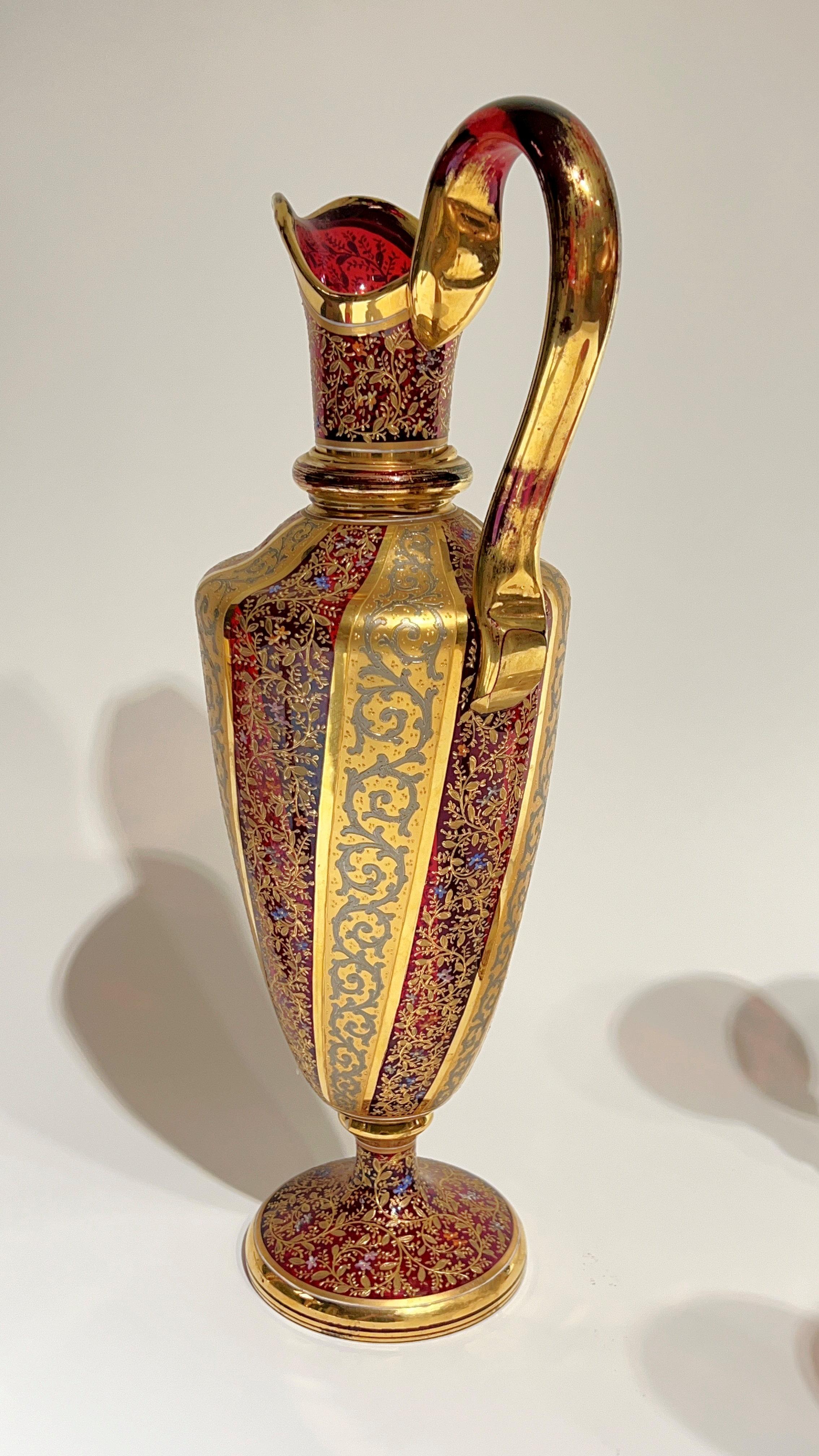 19th Century Moser Gilt and enameled Ruby Red Glass Pitcher and Wine Glass Set 4