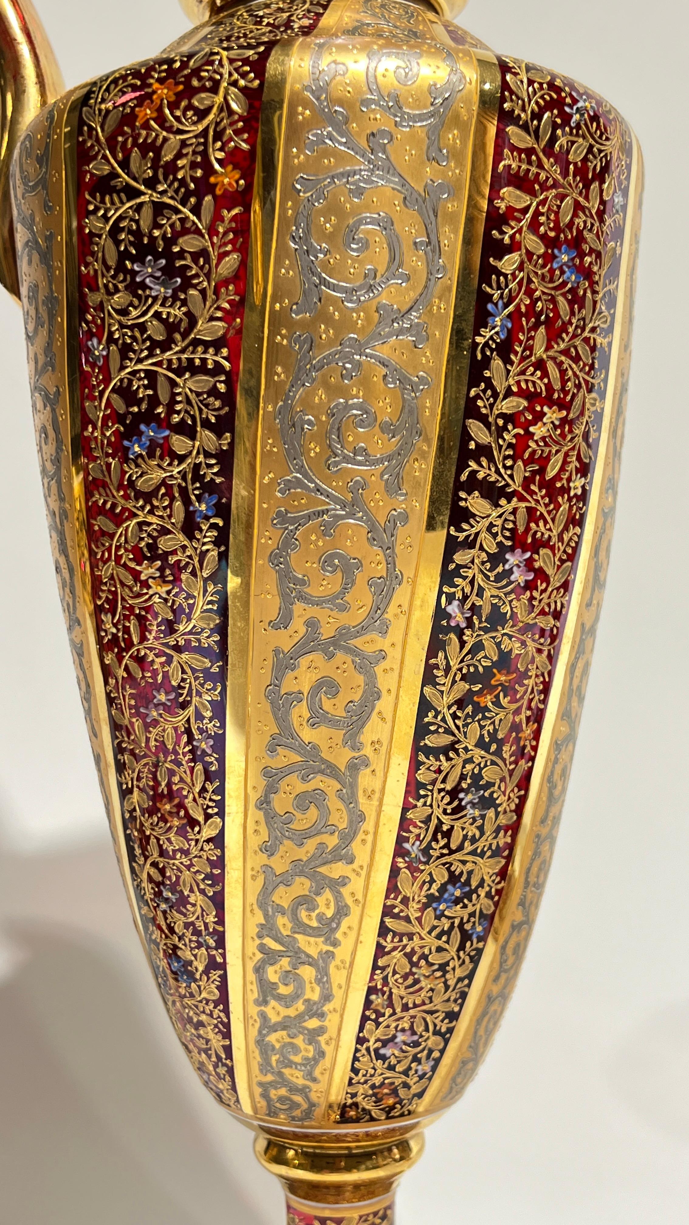 19th Century Moser Gilt and enameled Ruby Red Glass Pitcher and Wine Glass Set 5