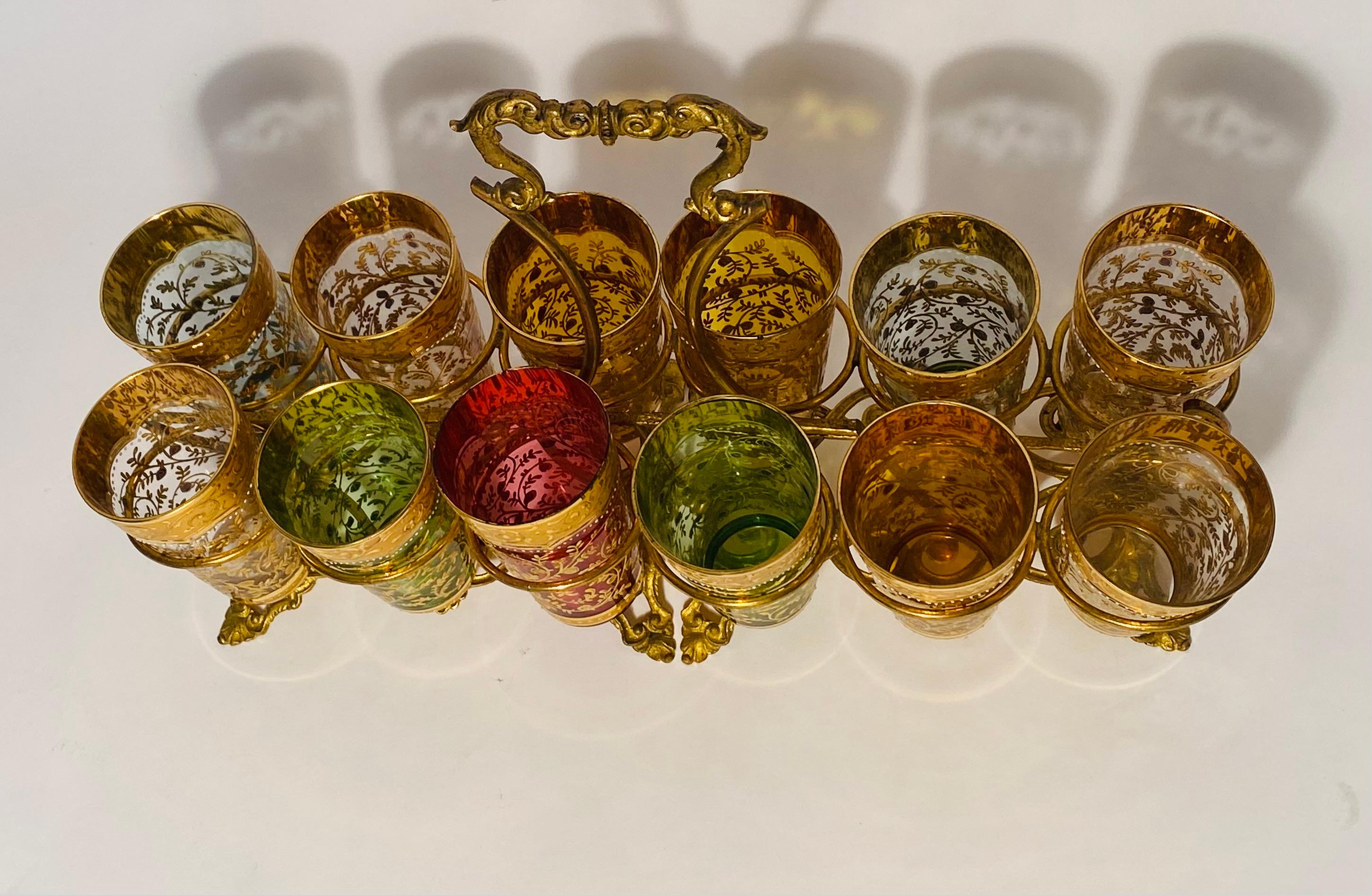 Late 19th Century 19th Century Moser Gilt Encrusted Cocktail Set With Caddy & 12 Glasses. C. 1880 For Sale