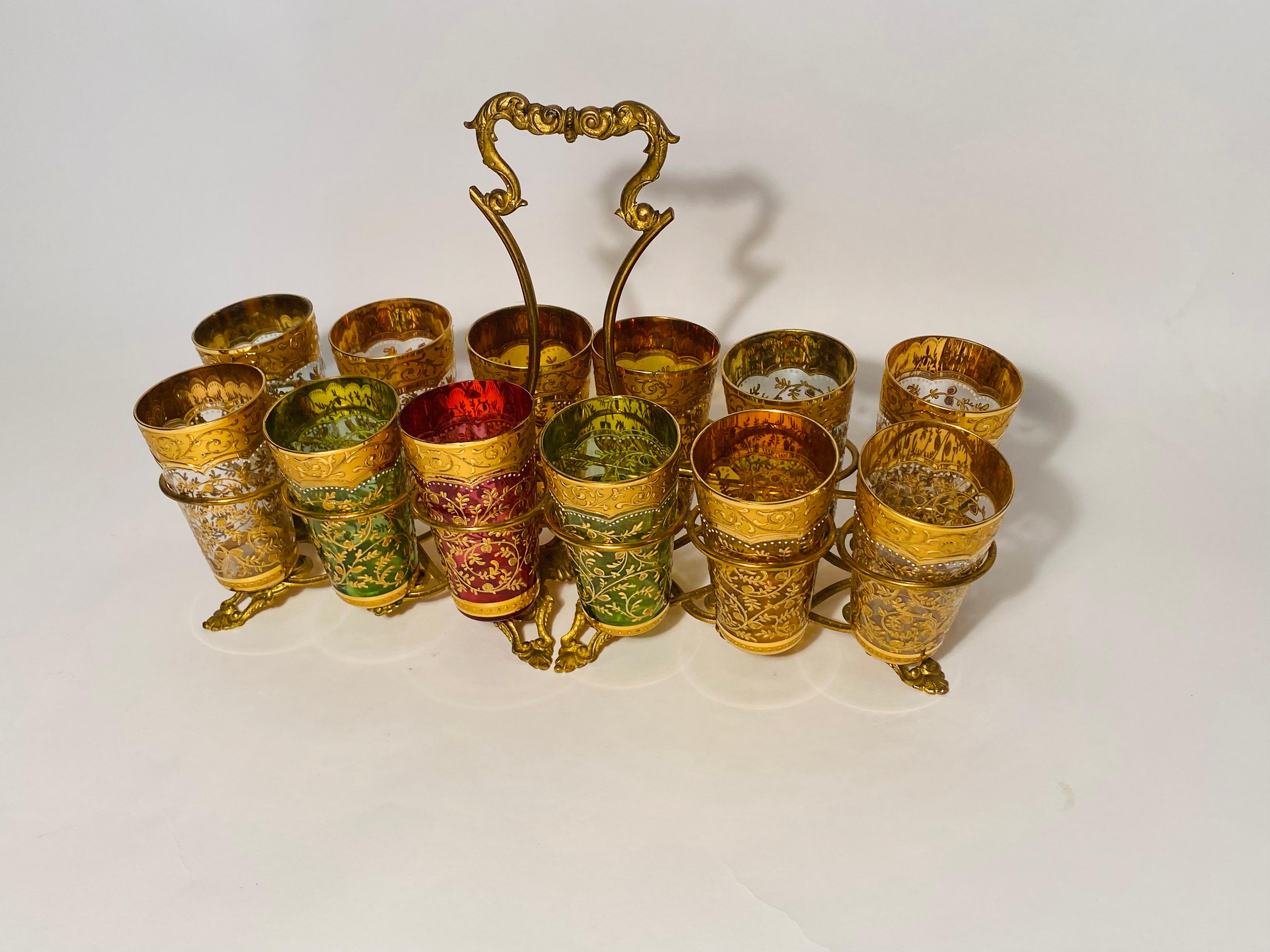 Metal 19th Century Moser Gilt Encrusted Cocktail Set With Caddy & 12 Glasses. C. 1880 For Sale
