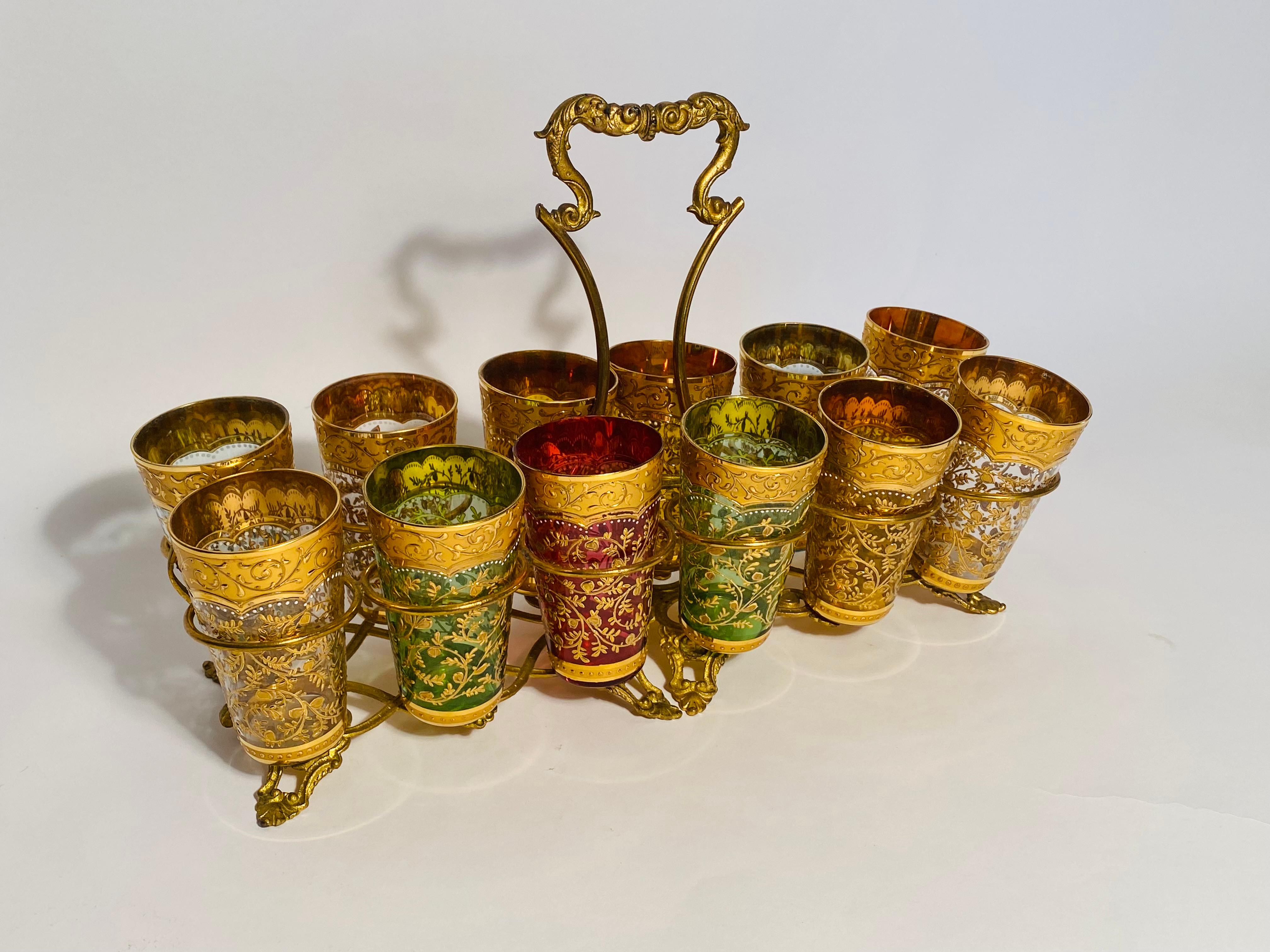 19th Century Moser Gilt Encrusted Cocktail Set With Caddy & 12 Glasses. C. 1880 For Sale 1