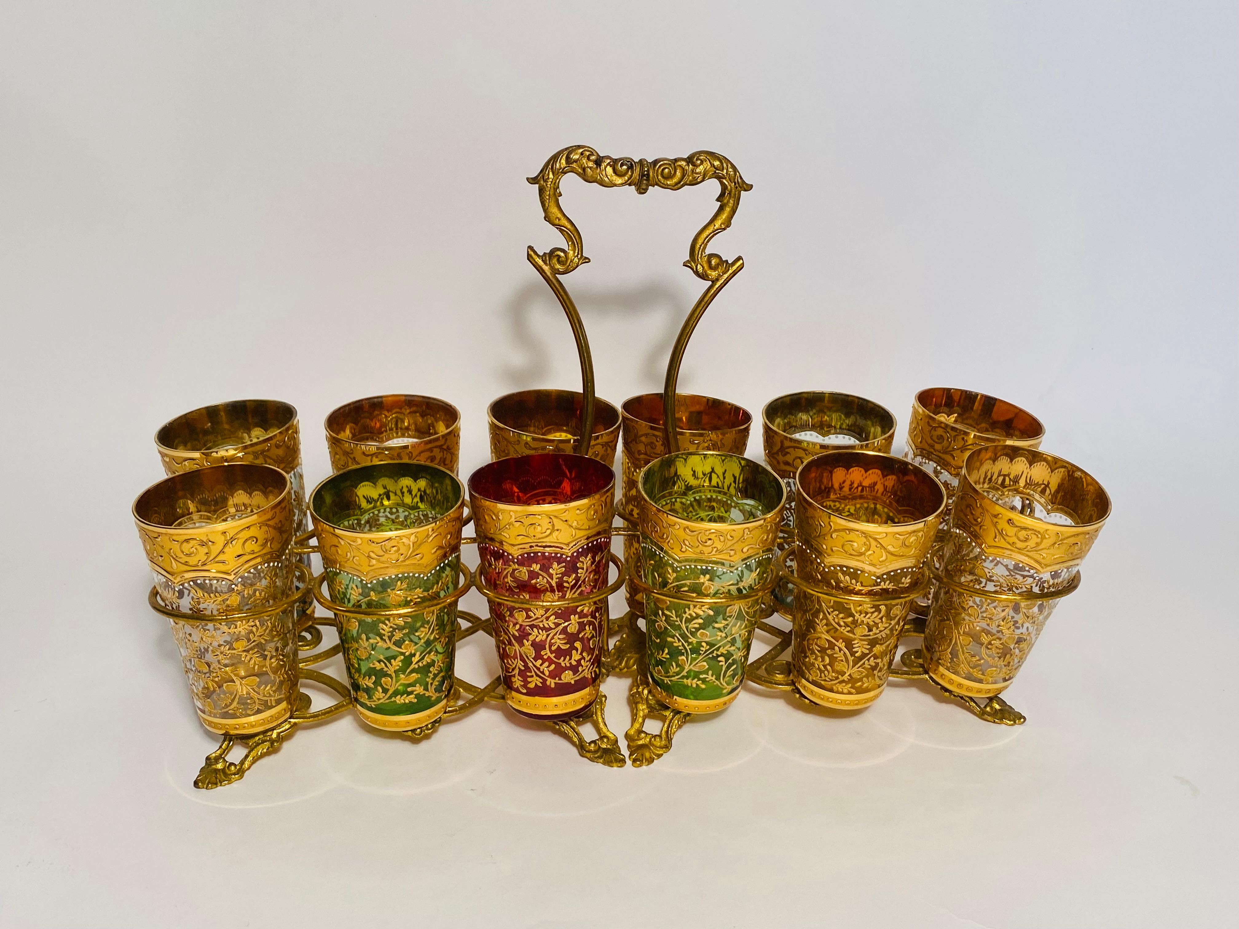 19th Century Moser Gilt Encrusted Cocktail Set With Caddy & 12 Glasses. C. 1880 For Sale 2