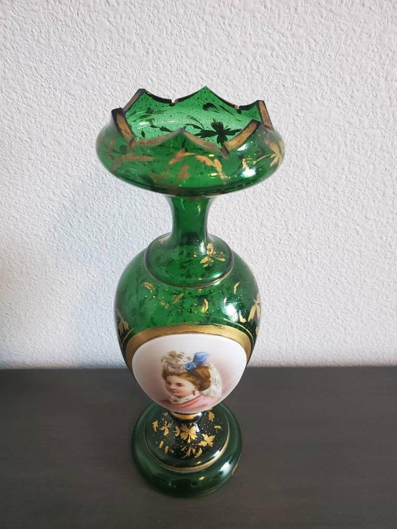 Gilt 19th Century Bohemian Moser Emerald Glass Portrait Vase