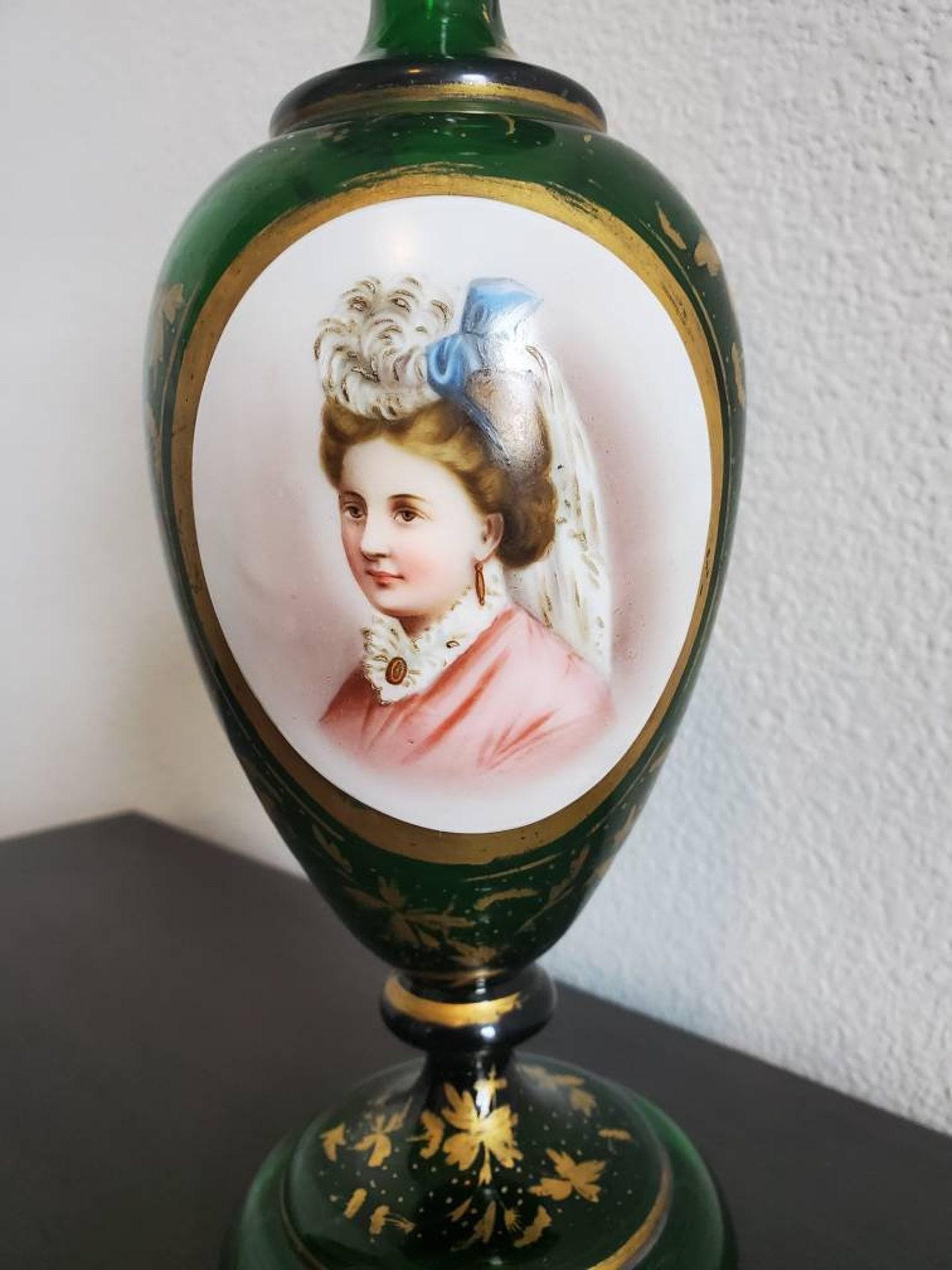19th Century Bohemian Moser Emerald Glass Portrait Vase 3