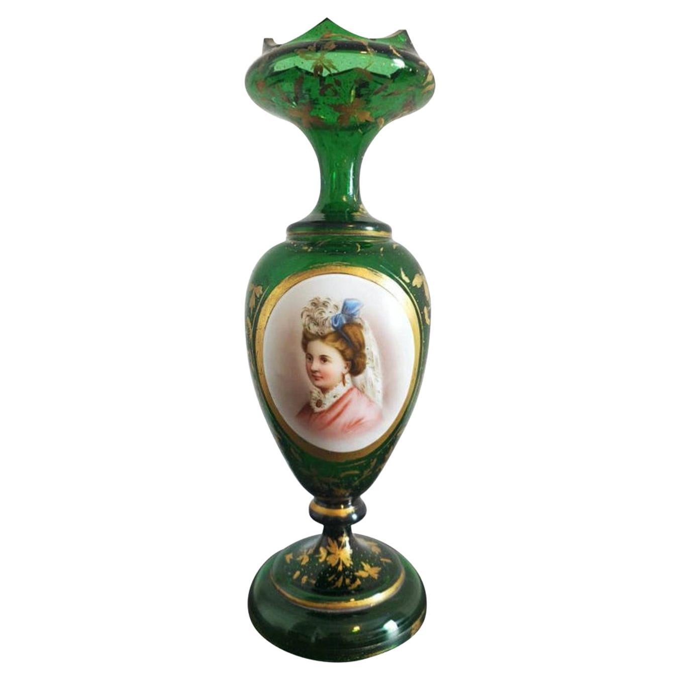 19th Century Bohemian Moser Emerald Glass Portrait Vase