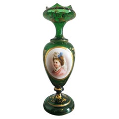 19th Century Bohemian Moser Emerald Glass Portrait Vase