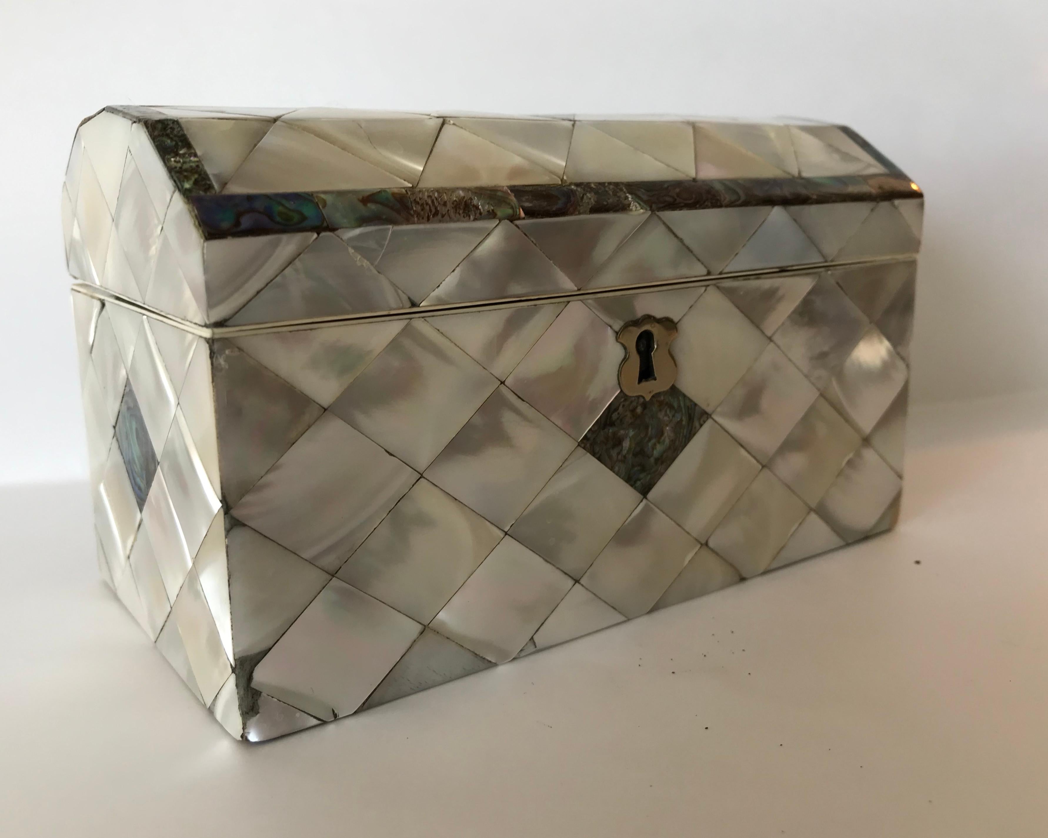 Finely fashioned in a traditional casket form with gleaming shell work - 
A superb and eye catching box.