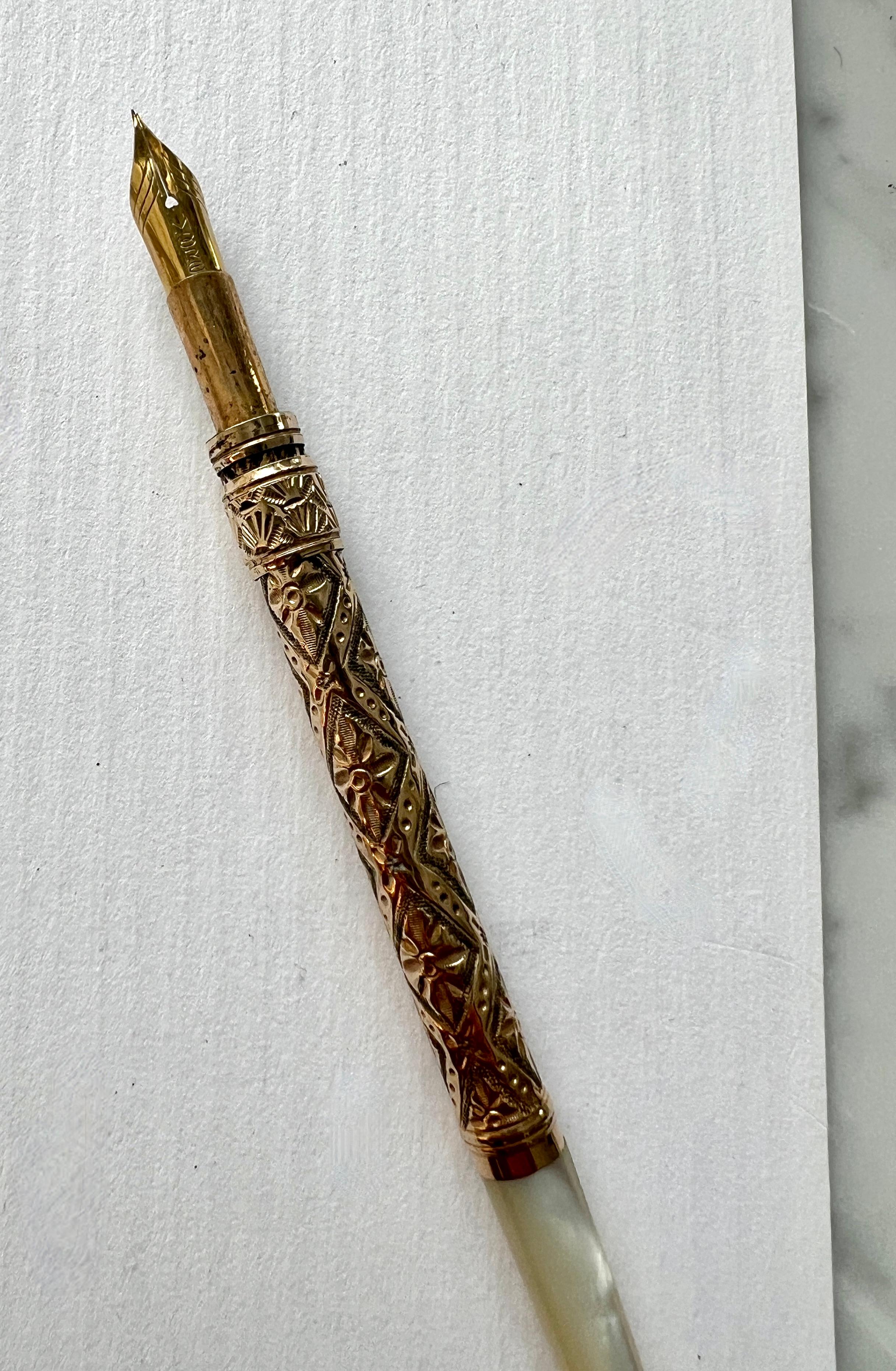 19th Century Mother of Pearl and Gold Filagree Handle Fountain Pen with 14k Tip For Sale 9