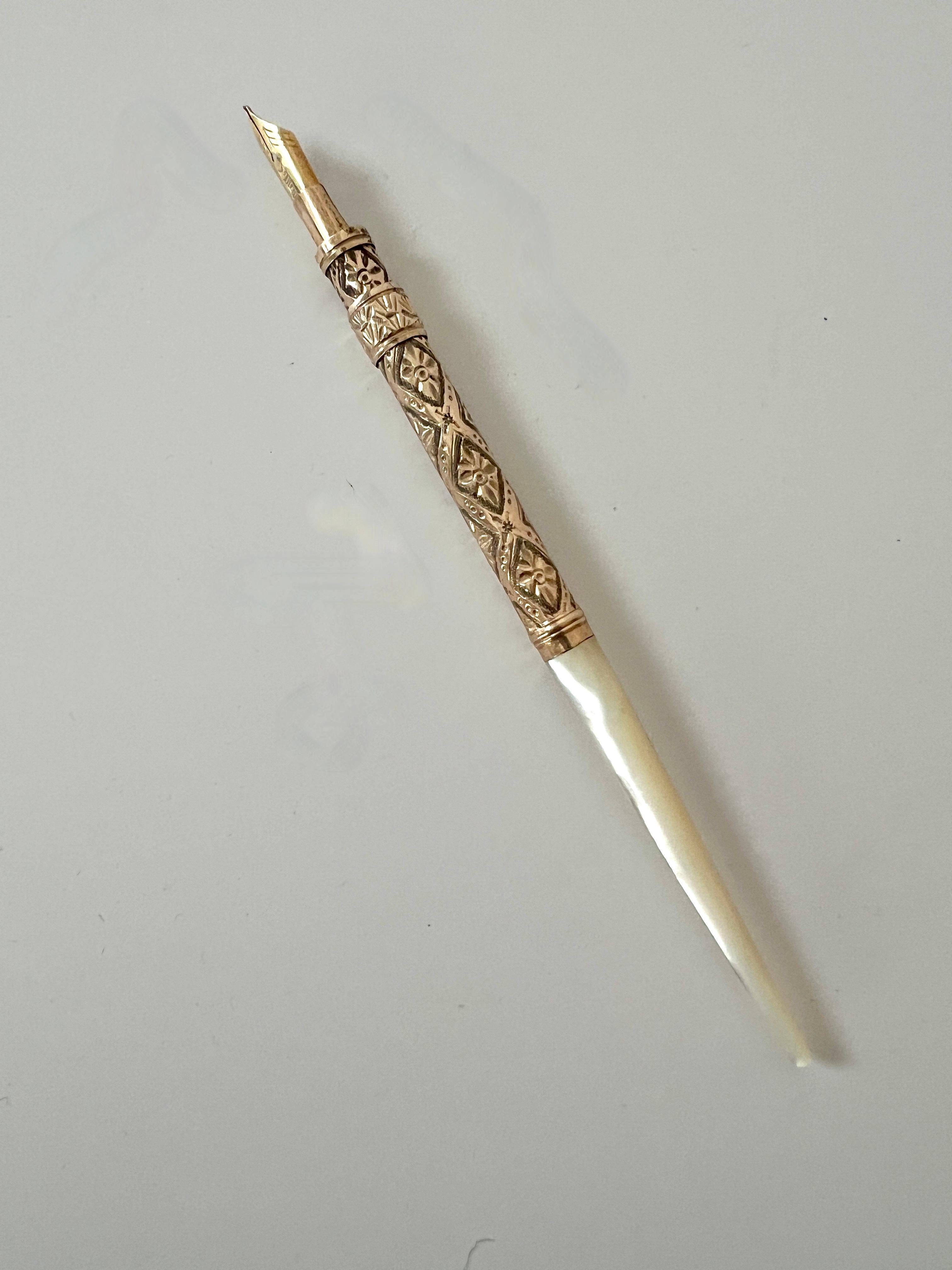 20th Century 19th Century Mother of Pearl and Gold Filagree Handle Fountain Pen with 14k Tip For Sale