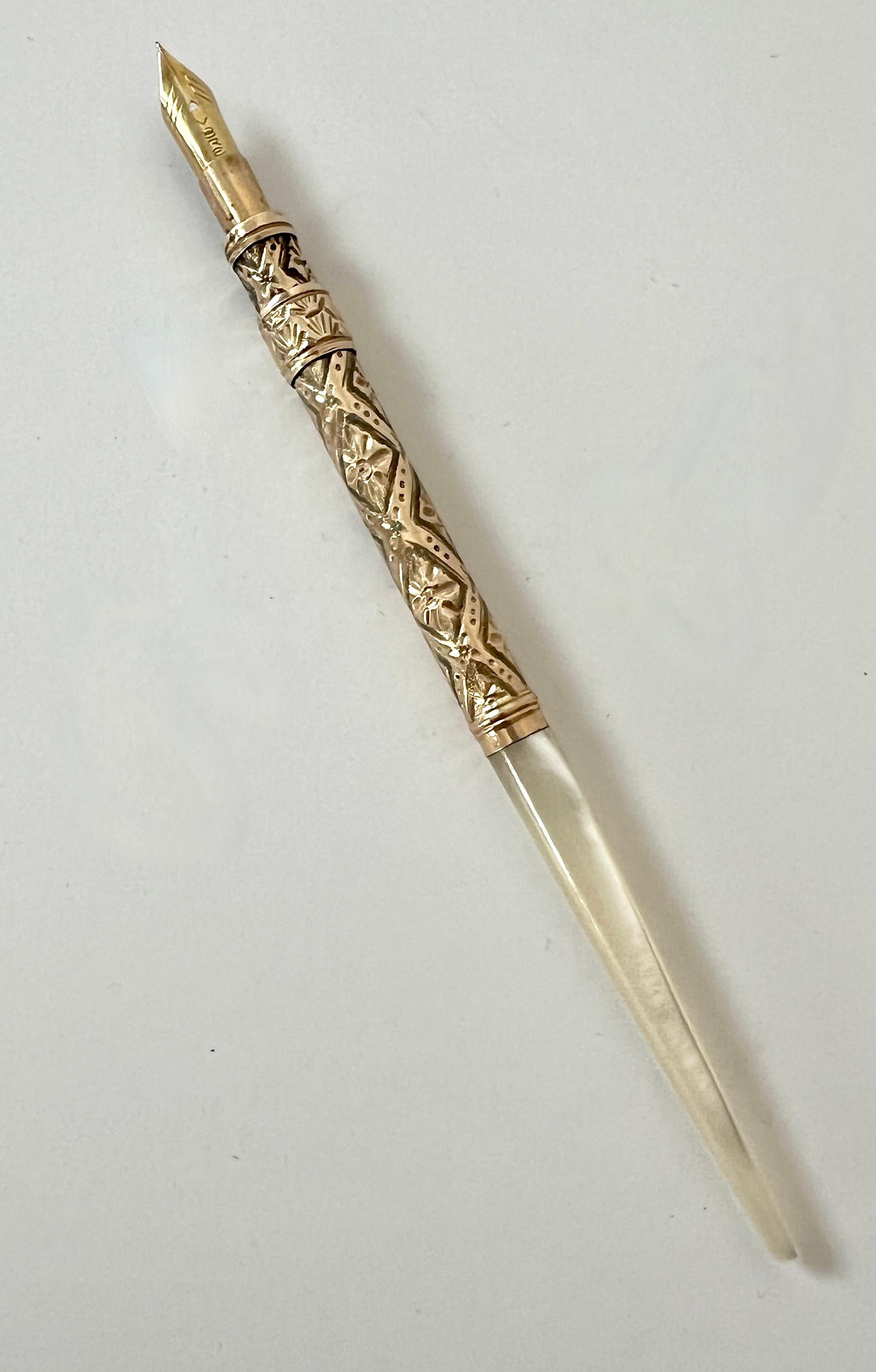 19th Century Mother of Pearl and Gold Filagree Handle Fountain Pen with 14k Tip For Sale 1