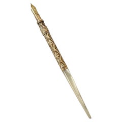 19th Century Mother of Pearl and Gold Filagree Handle Fountain Pen with 14k Tip