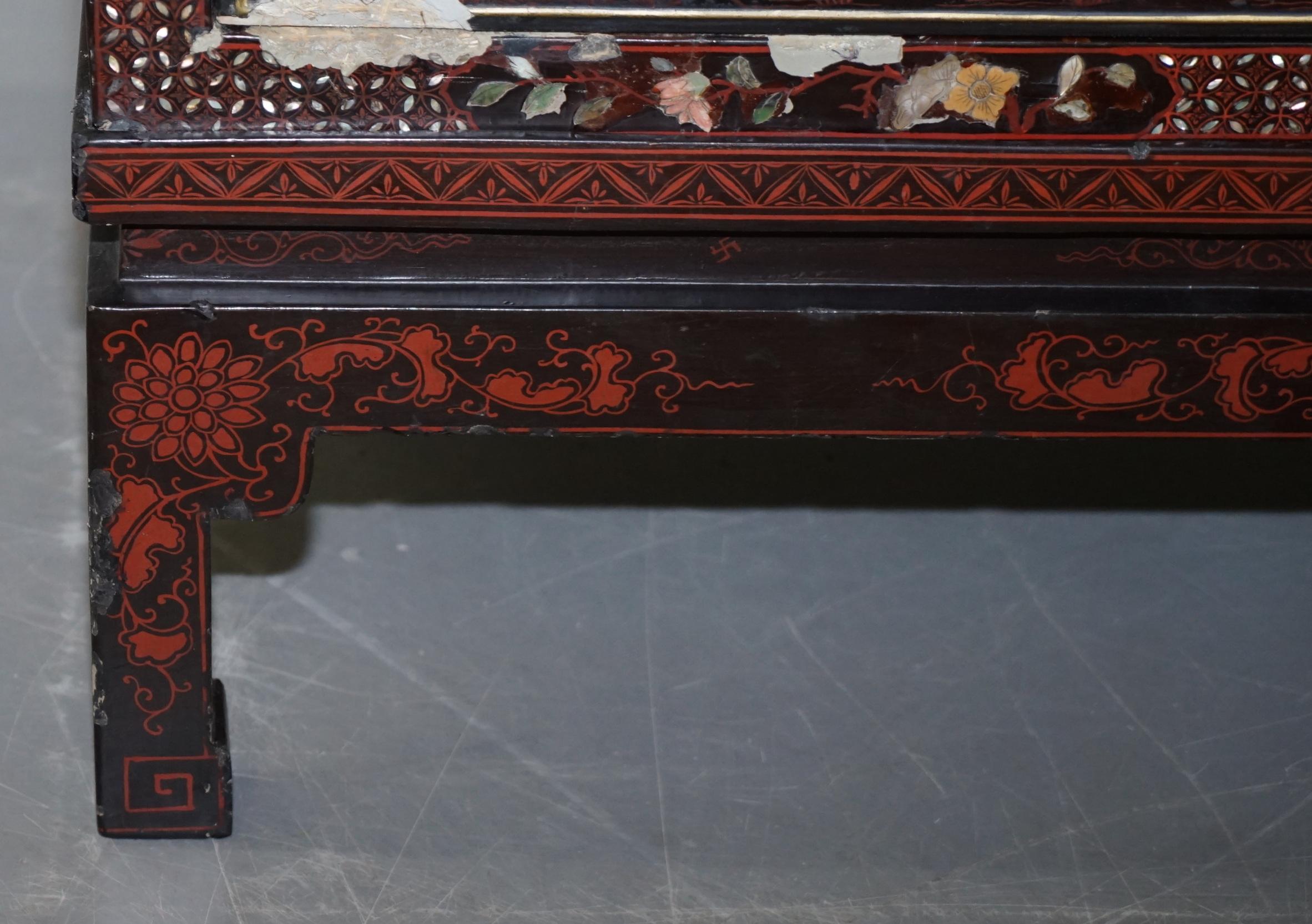 19th Century Mother of Pearl Inlaid Chinese Lacquer Brass Engraved Cabinet Chest 6