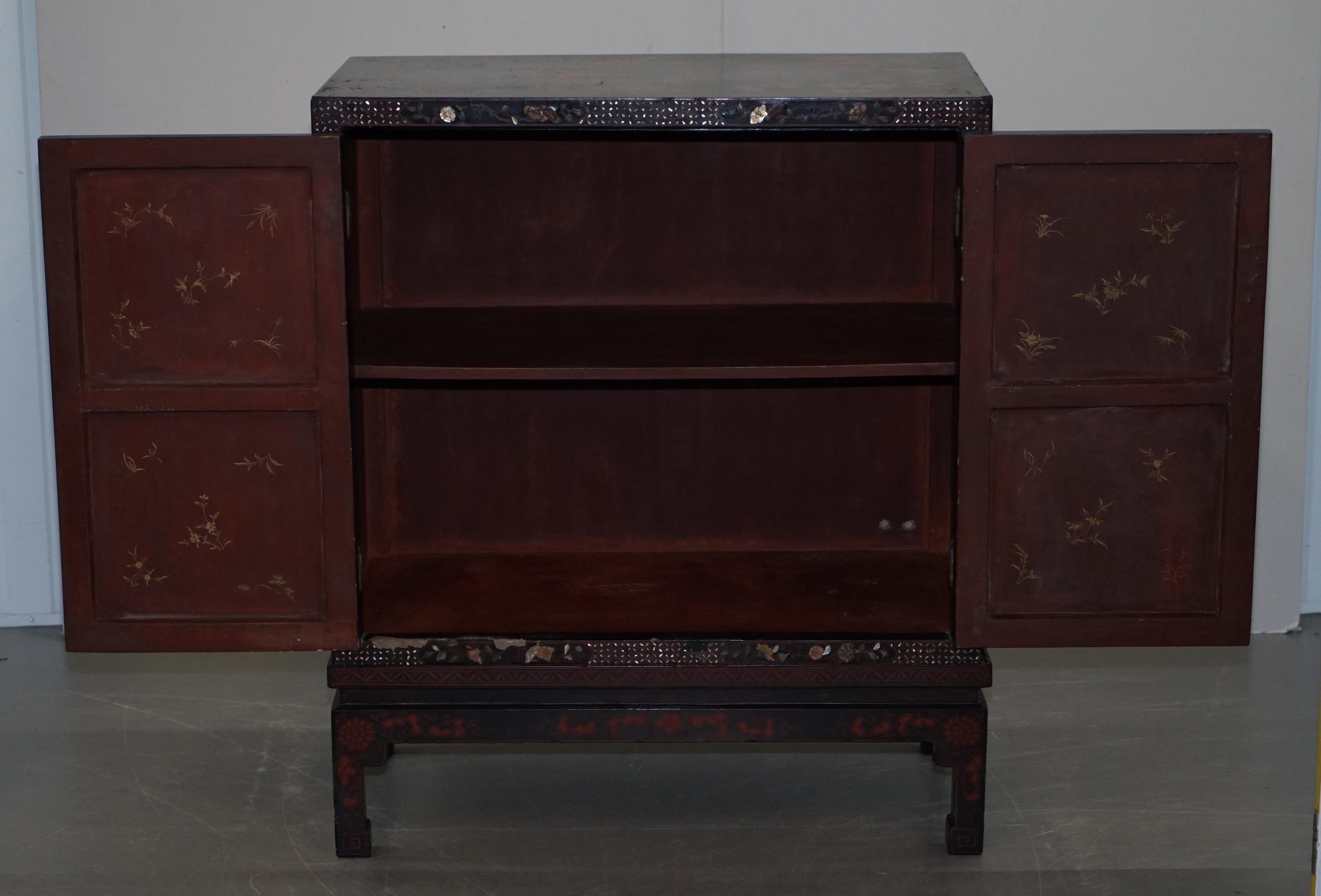 19th Century Mother of Pearl Inlaid Chinese Lacquer Brass Engraved Cabinet Chest 11