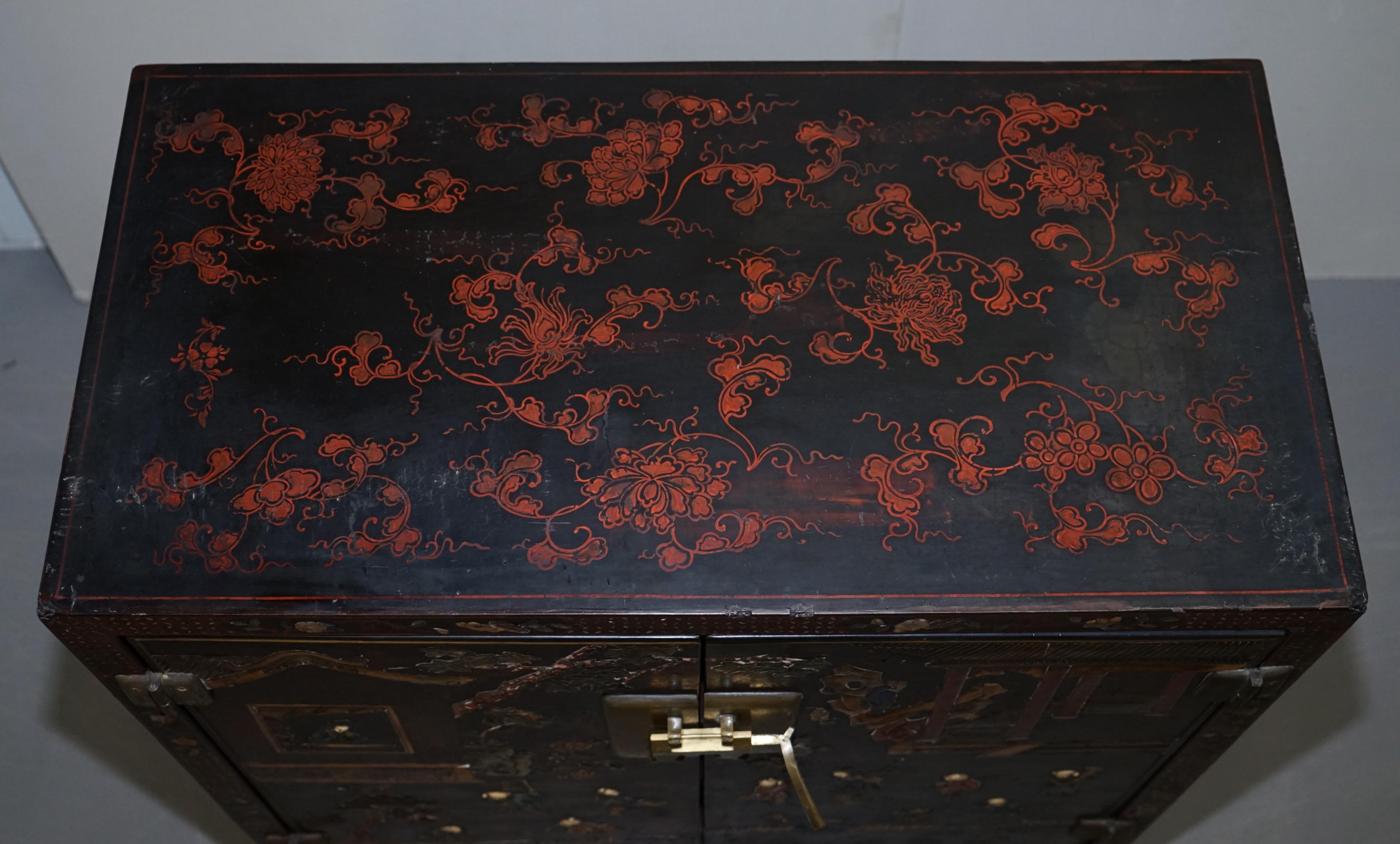 Lacquered 19th Century Mother of Pearl Inlaid Chinese Lacquer Brass Engraved Cabinet Chest