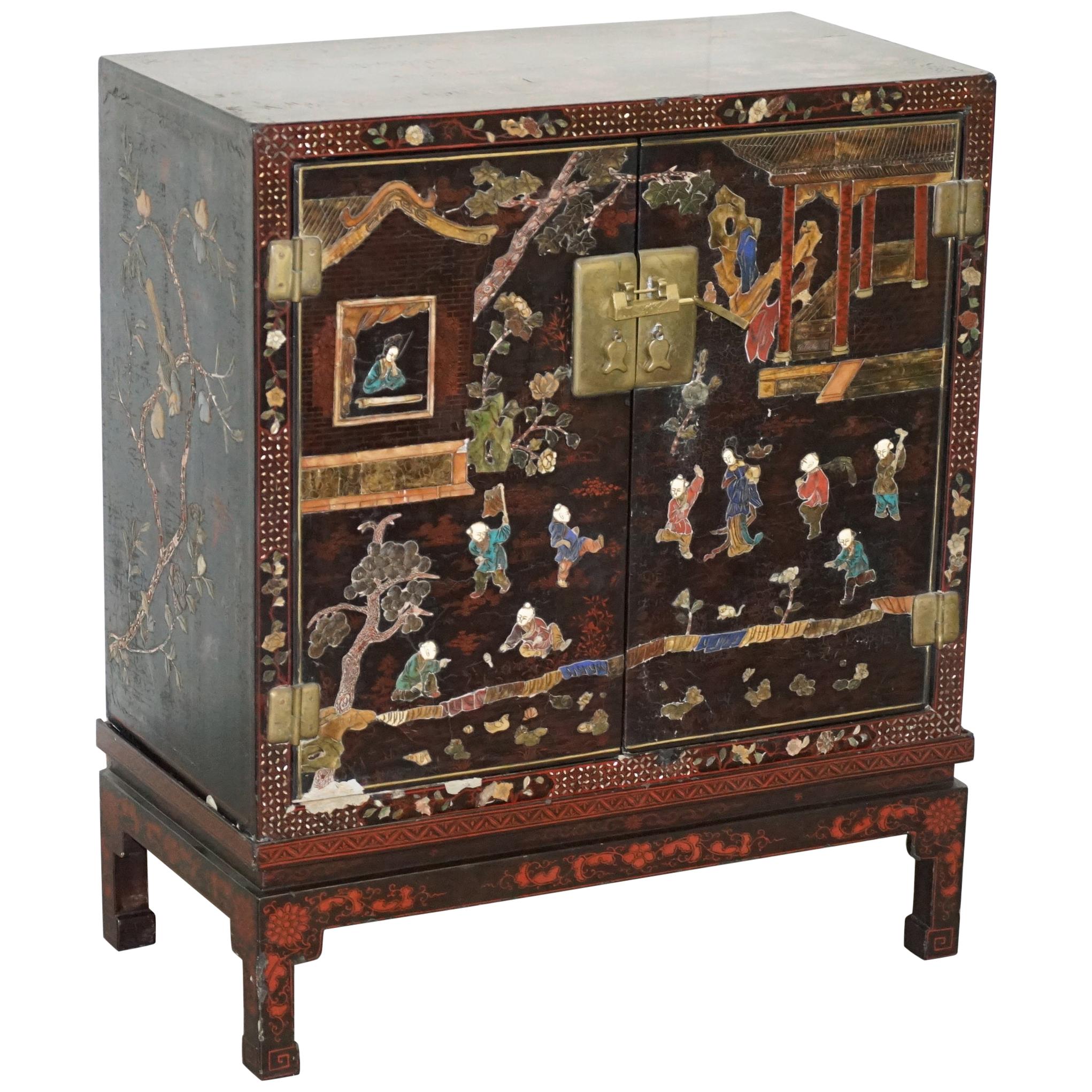 19th Century Mother of Pearl Inlaid Chinese Lacquer Brass Engraved Cabinet Chest