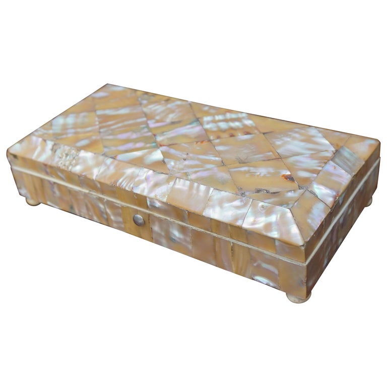 19th Century Mosaic Inlay Spoon or Jewelry Box with Silver Hinges and