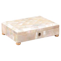 Caja de té del siglo XIX de nácar con juego de plata