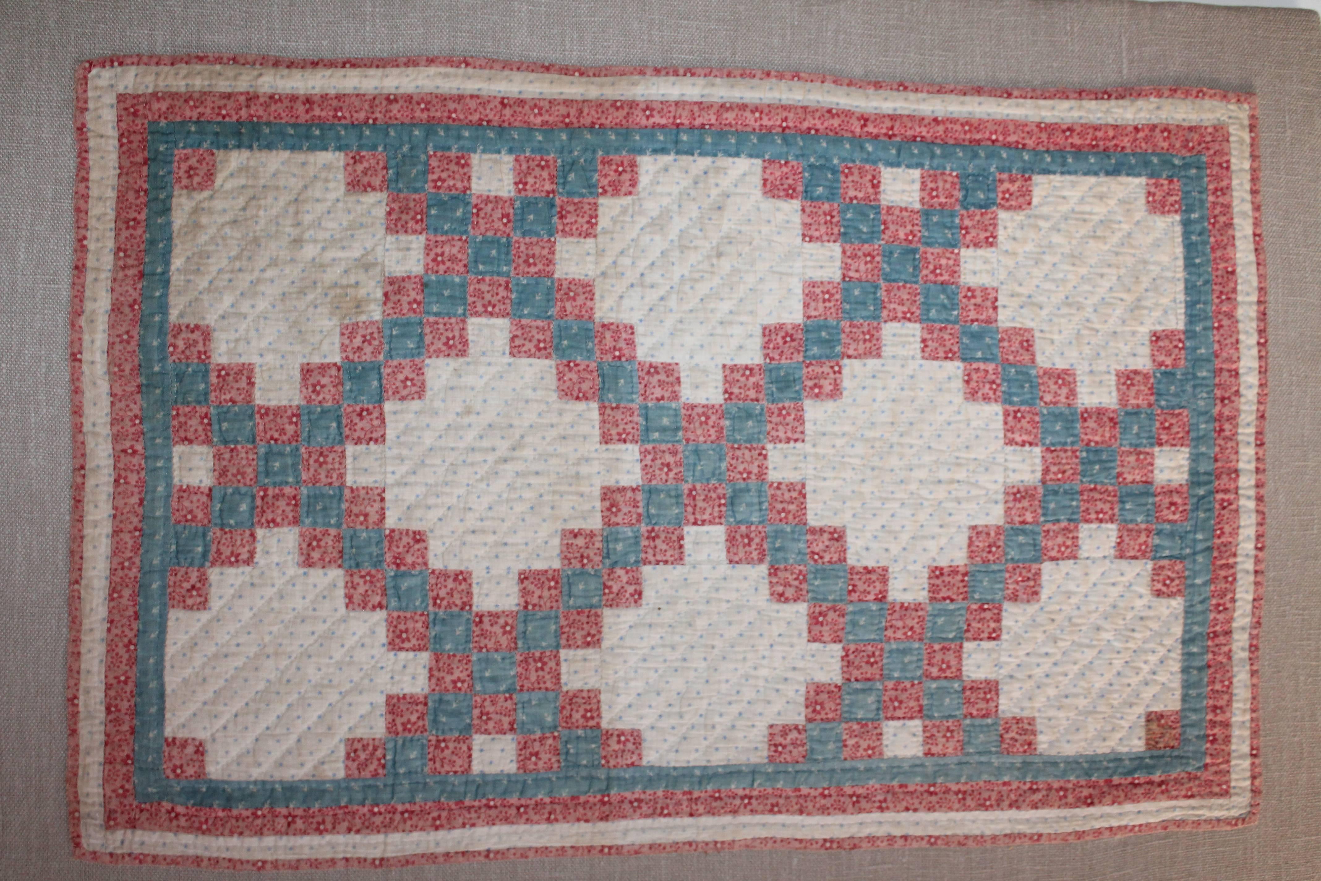 19th Century Mounted Doll Quilt, Postage Stamp Chain In Excellent Condition For Sale In Los Angeles, CA