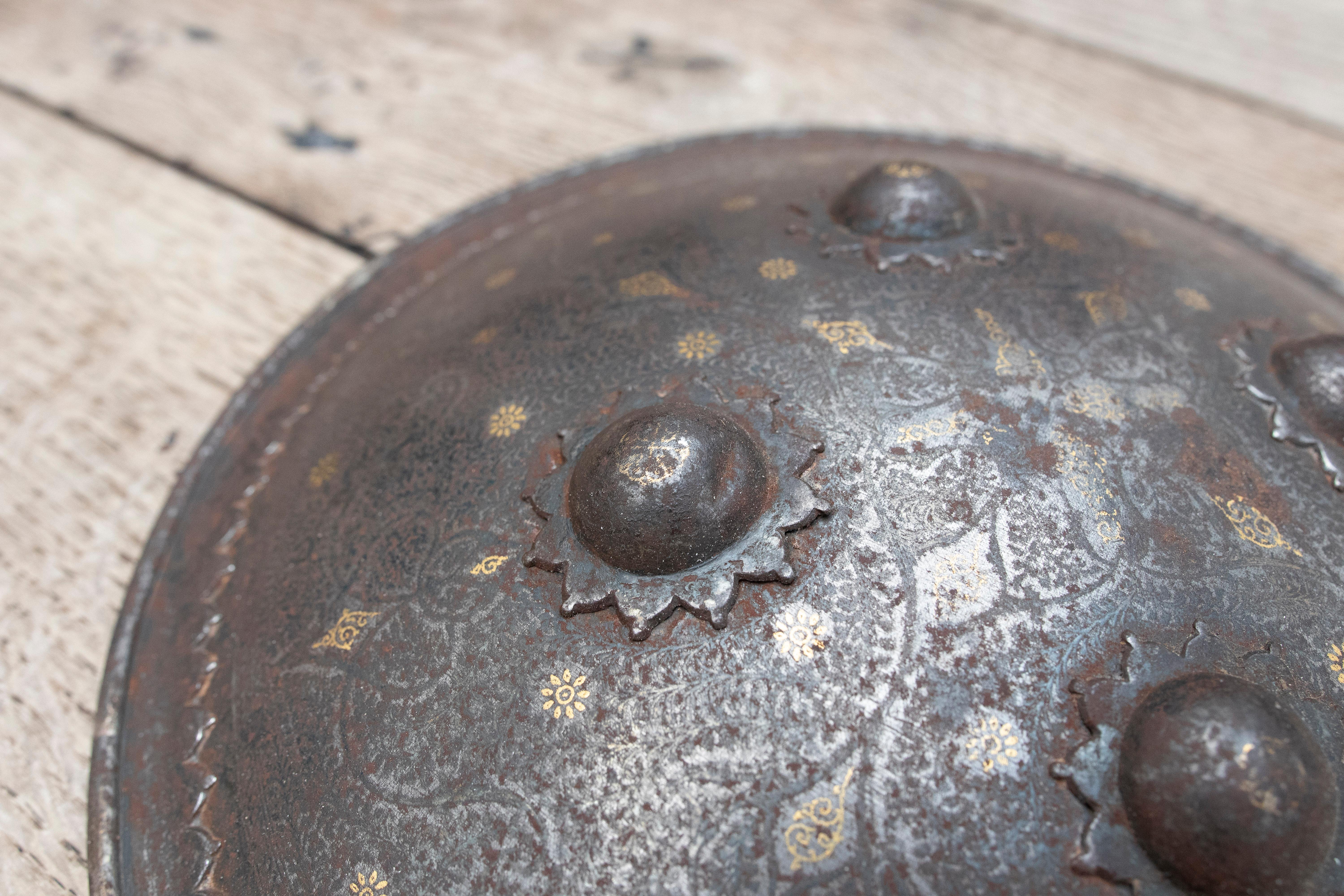 Asian 19th Century Mughal Bronze Shield with Original Protective Fabric and Traces of For Sale
