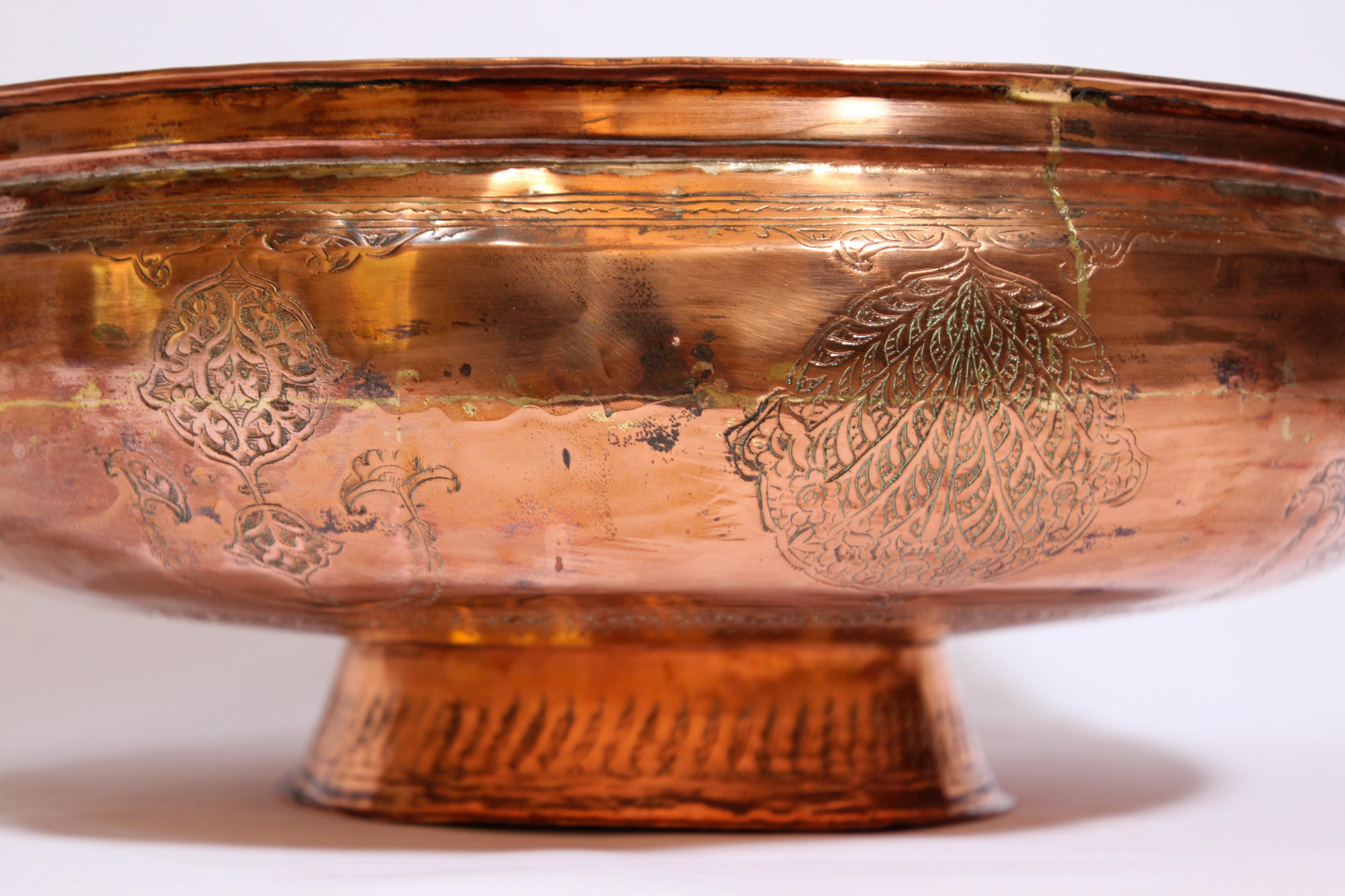 19th Century Mughal Indo Persian Footed Tinned Copper Bowl For Sale 3