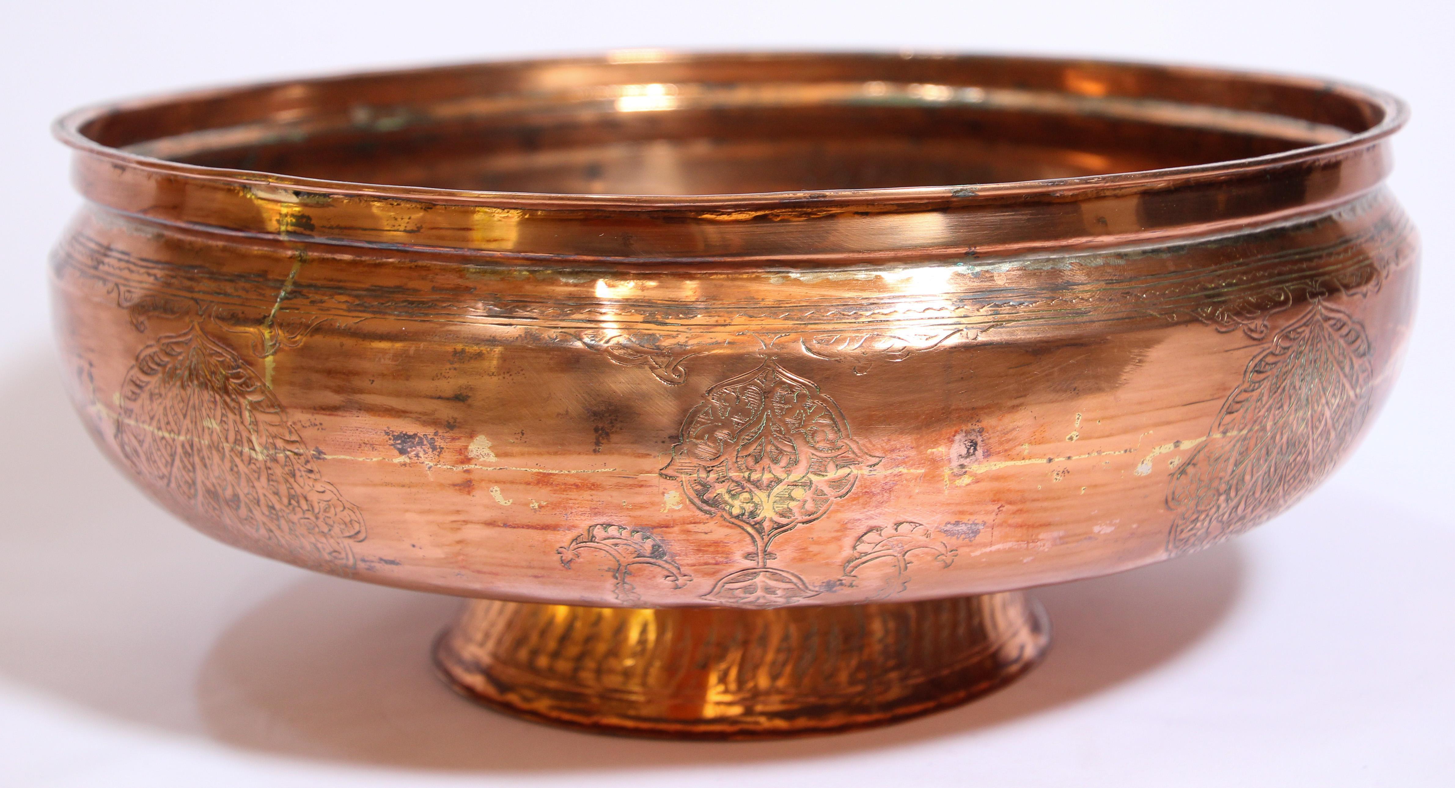 19th Century Mughal Indo Persian Footed Tinned Copper Bowl For Sale 4