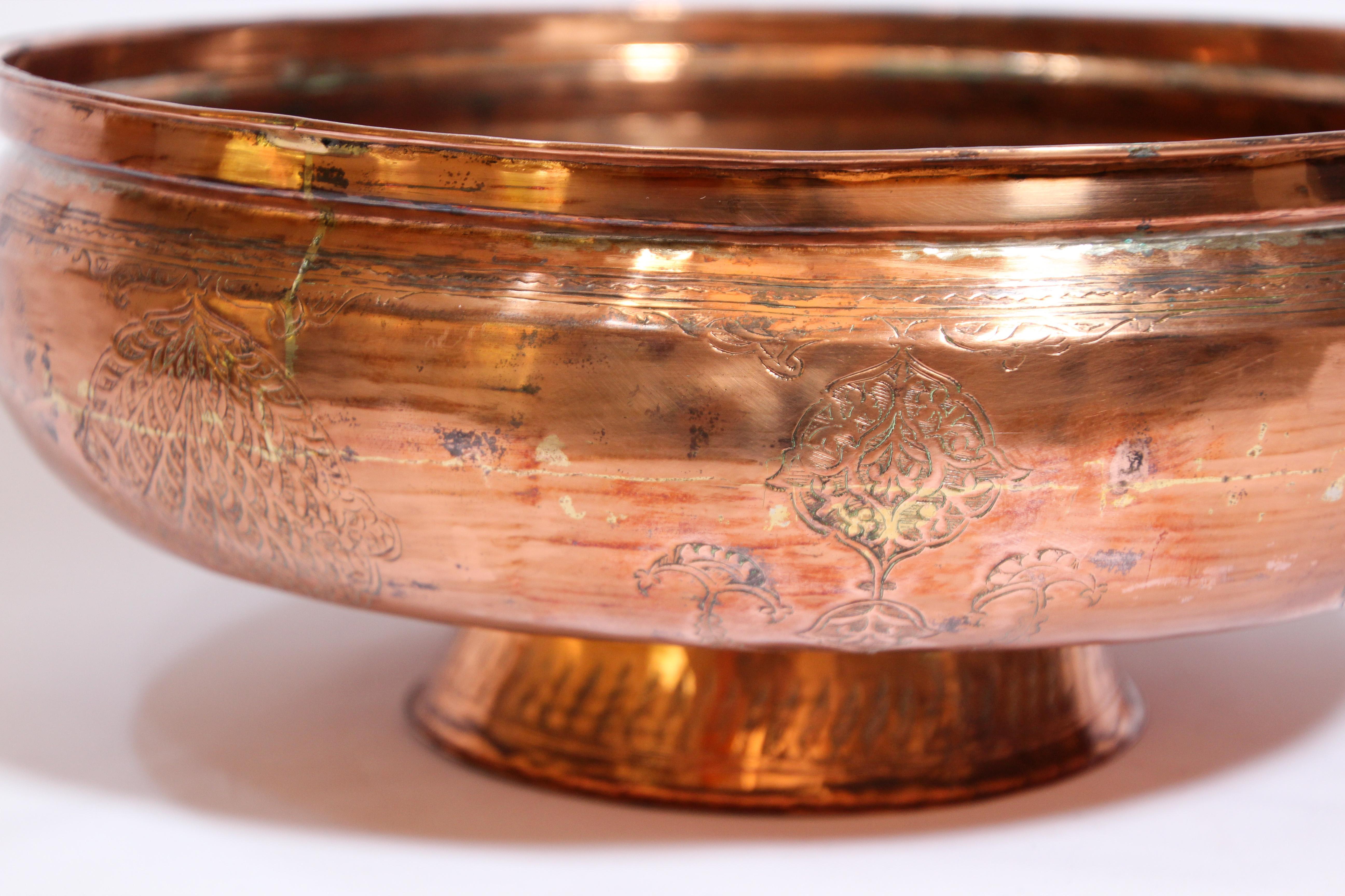 Moorish 19th Century Mughal Indo Persian Footed Tinned Copper Bowl For Sale