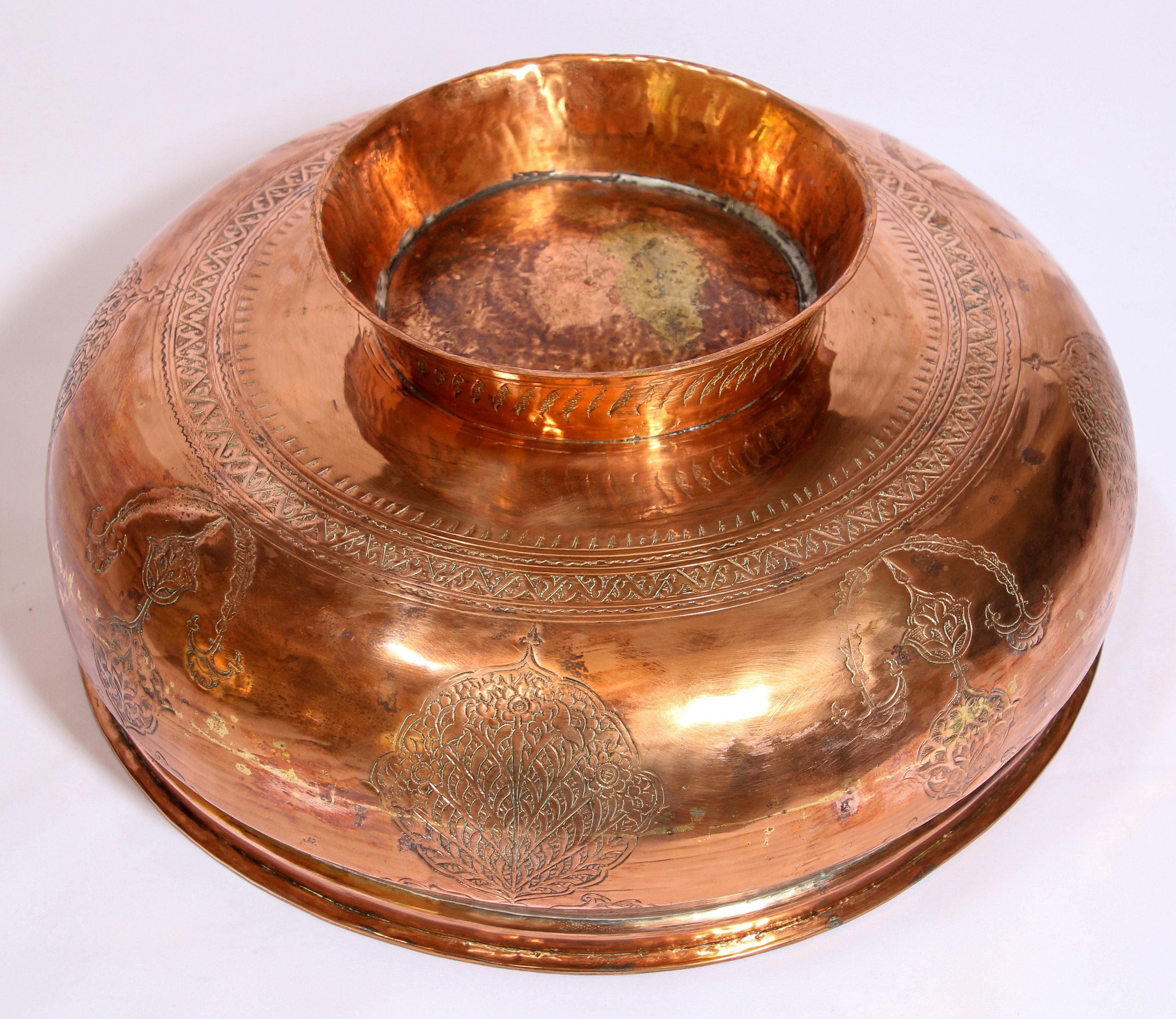 Engraved 19th Century Mughal Indo Persian Footed Tinned Copper Bowl For Sale