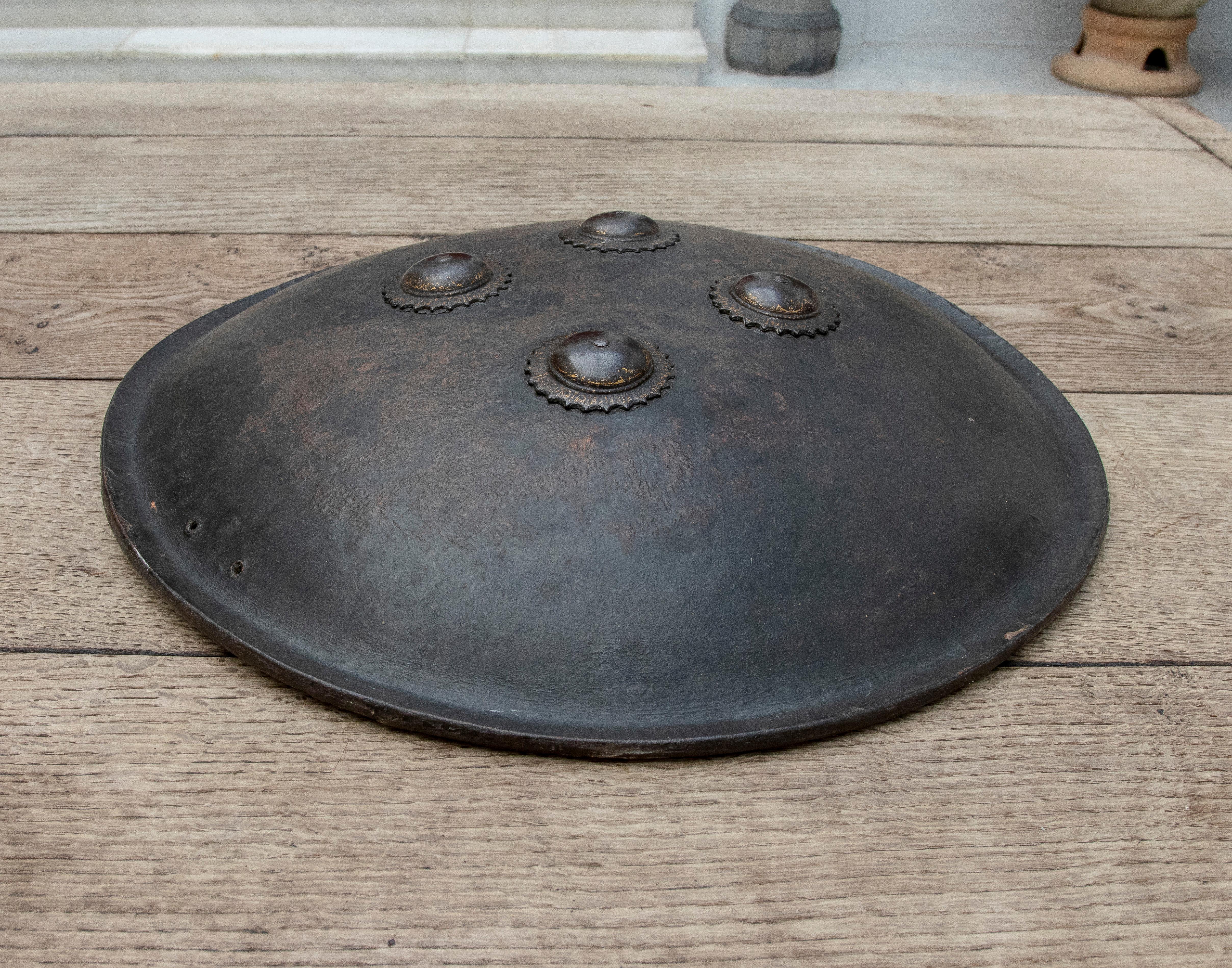 Asian 19th Century Mughal Leather Shield and Bronze Finials with Traces of Gold