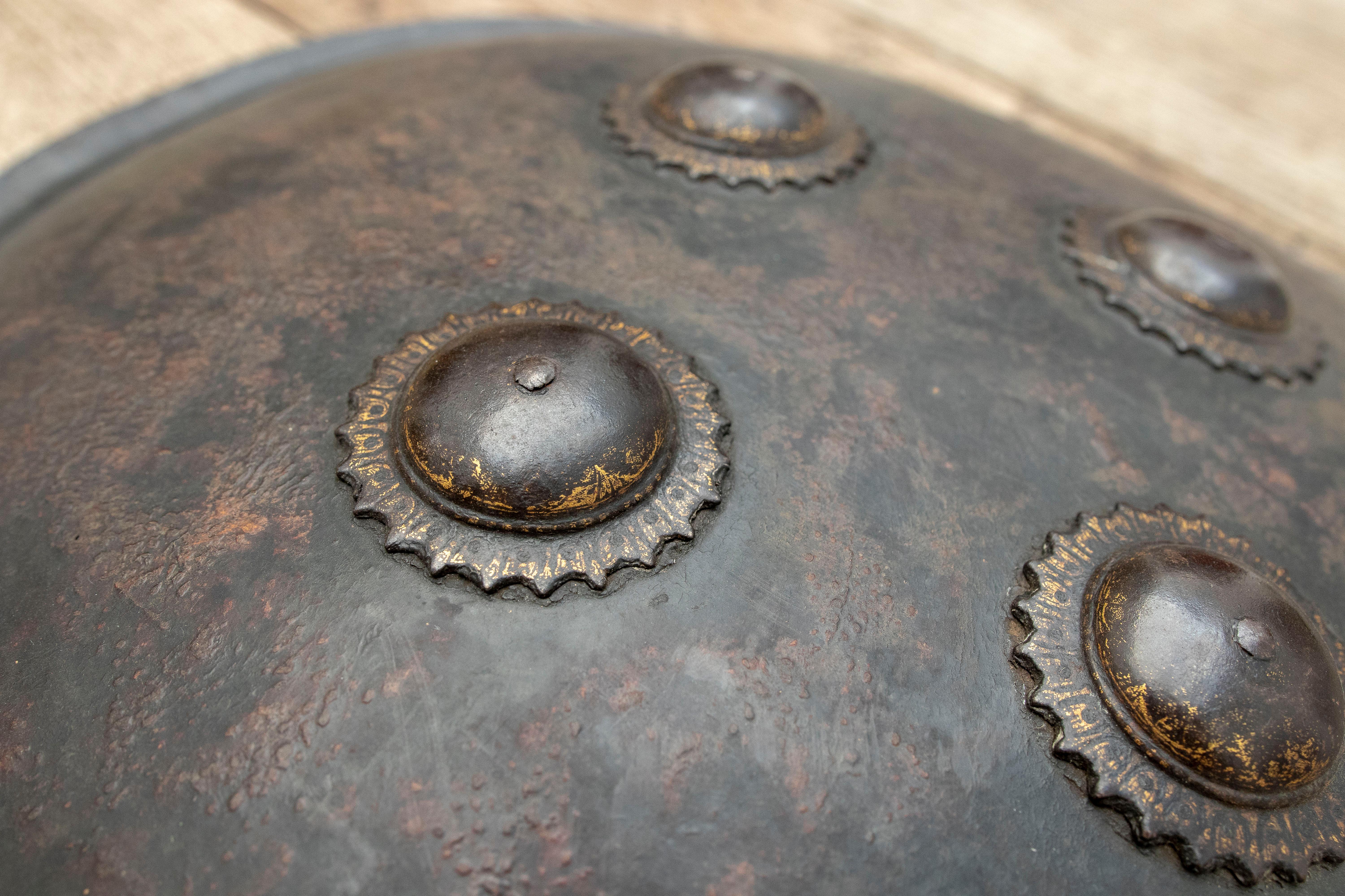 19th Century Mughal Leather Shield and Bronze Finials with Traces of Gold For Sale 1