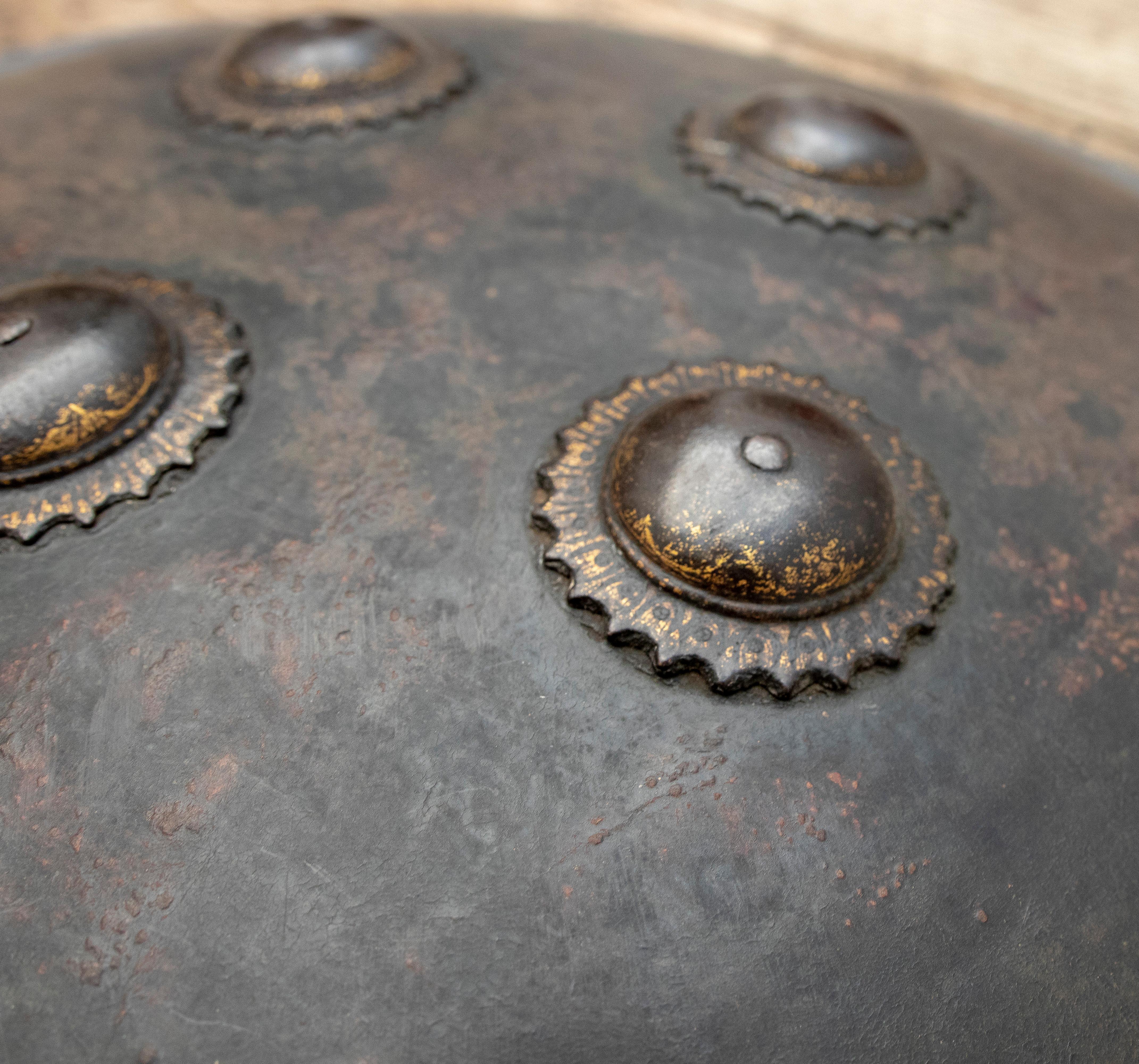 19th Century Mughal Leather Shield and Bronze Finials with Traces of Gold 2