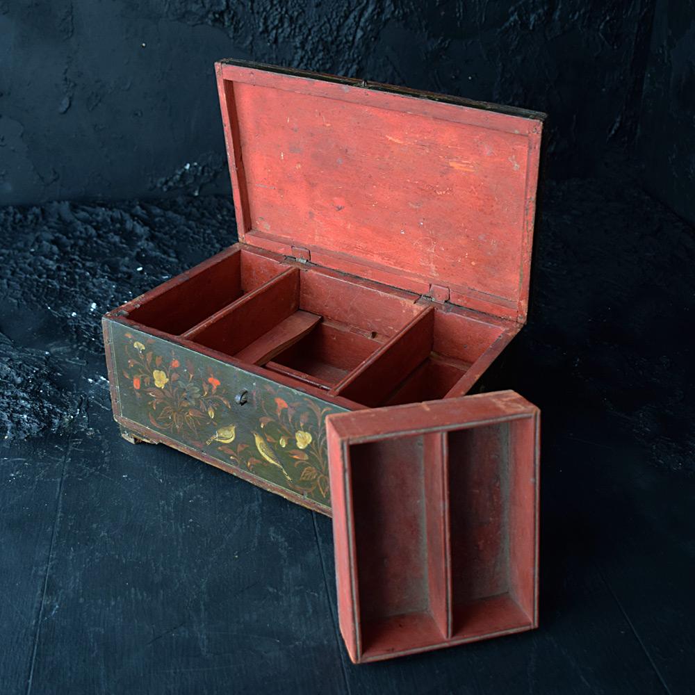 Hand-Carved 19th Century Mughal Painted Wooden Box