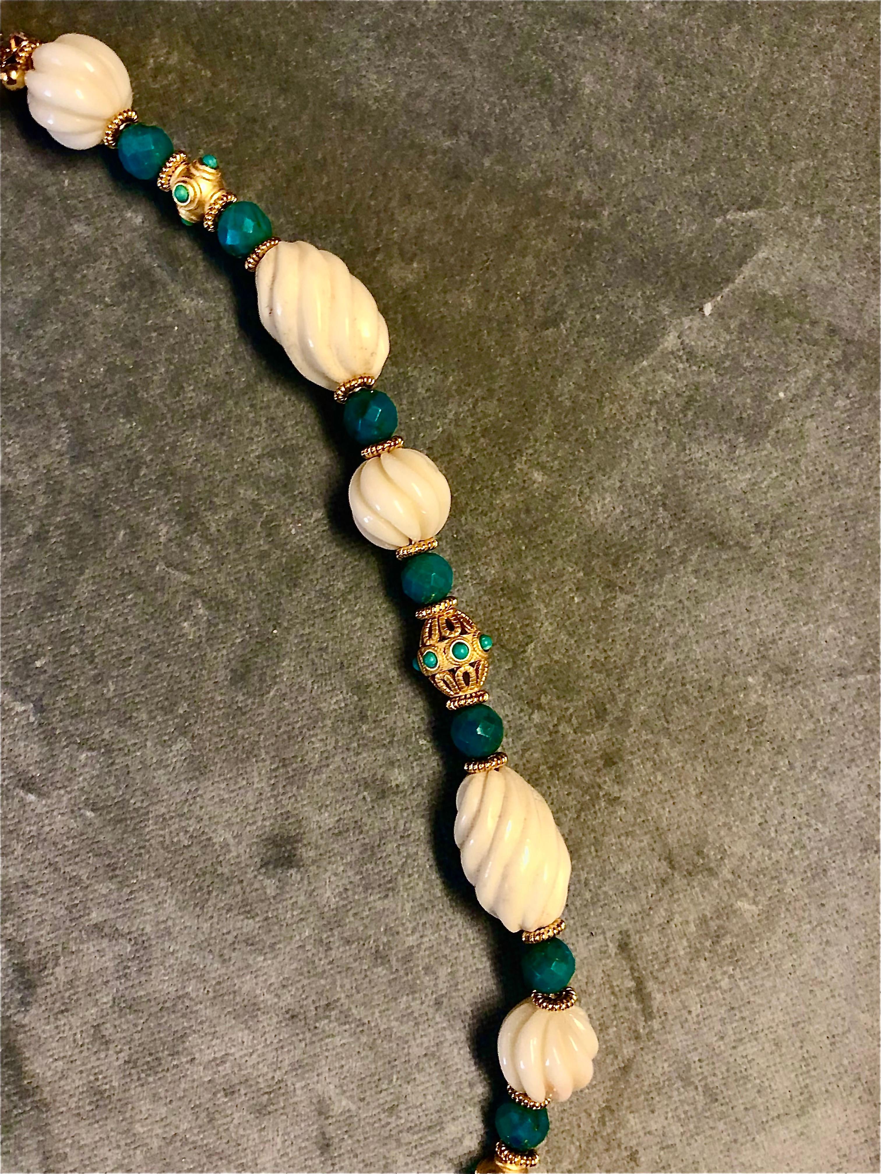 Bead 19th Century Mughal style necklace w/ vintage bone bead, gold vermeil, turquoise For Sale