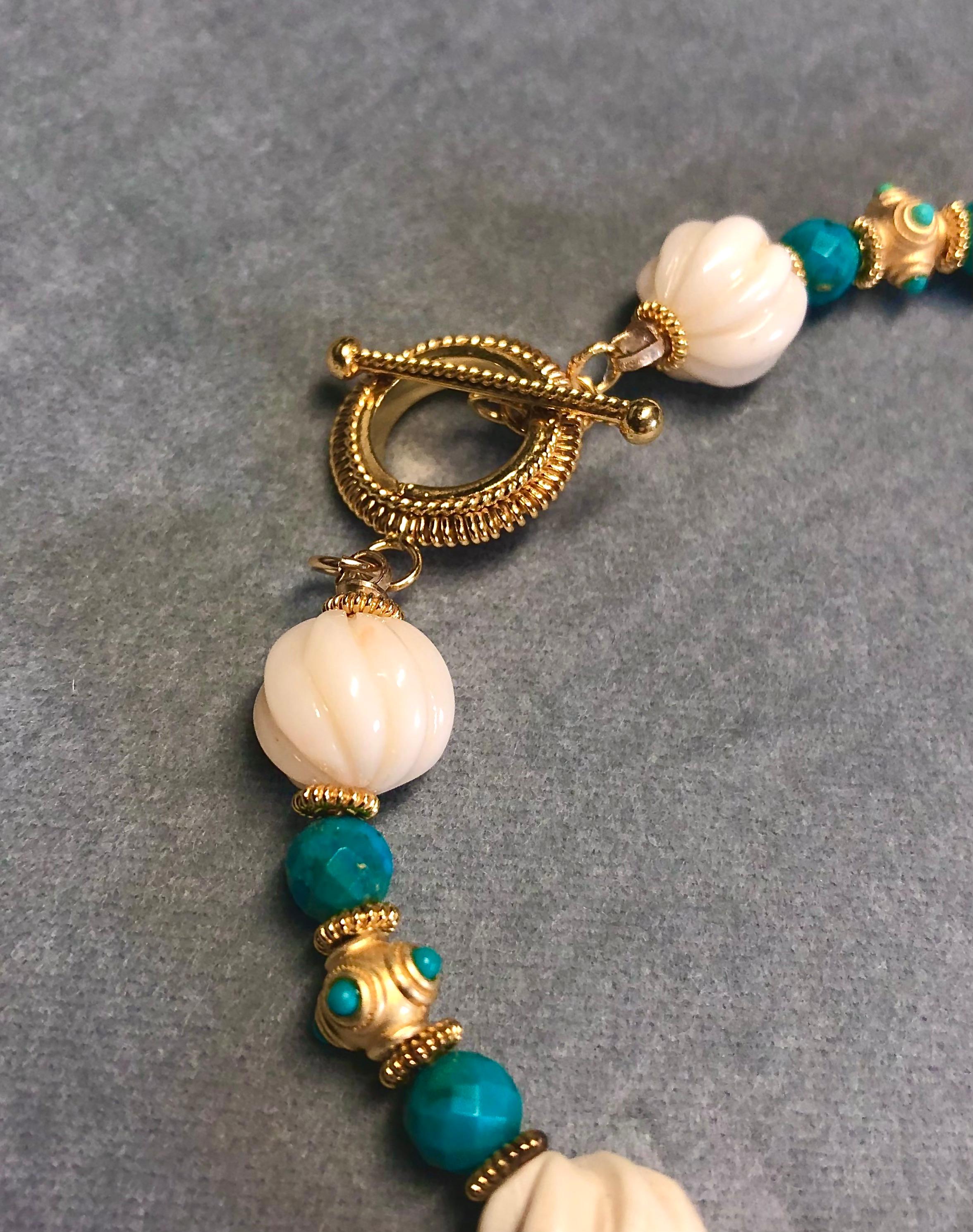 19th Century Mughal style necklace w/ vintage bone bead, gold vermeil, turquoise In New Condition For Sale In New Orleans, LA