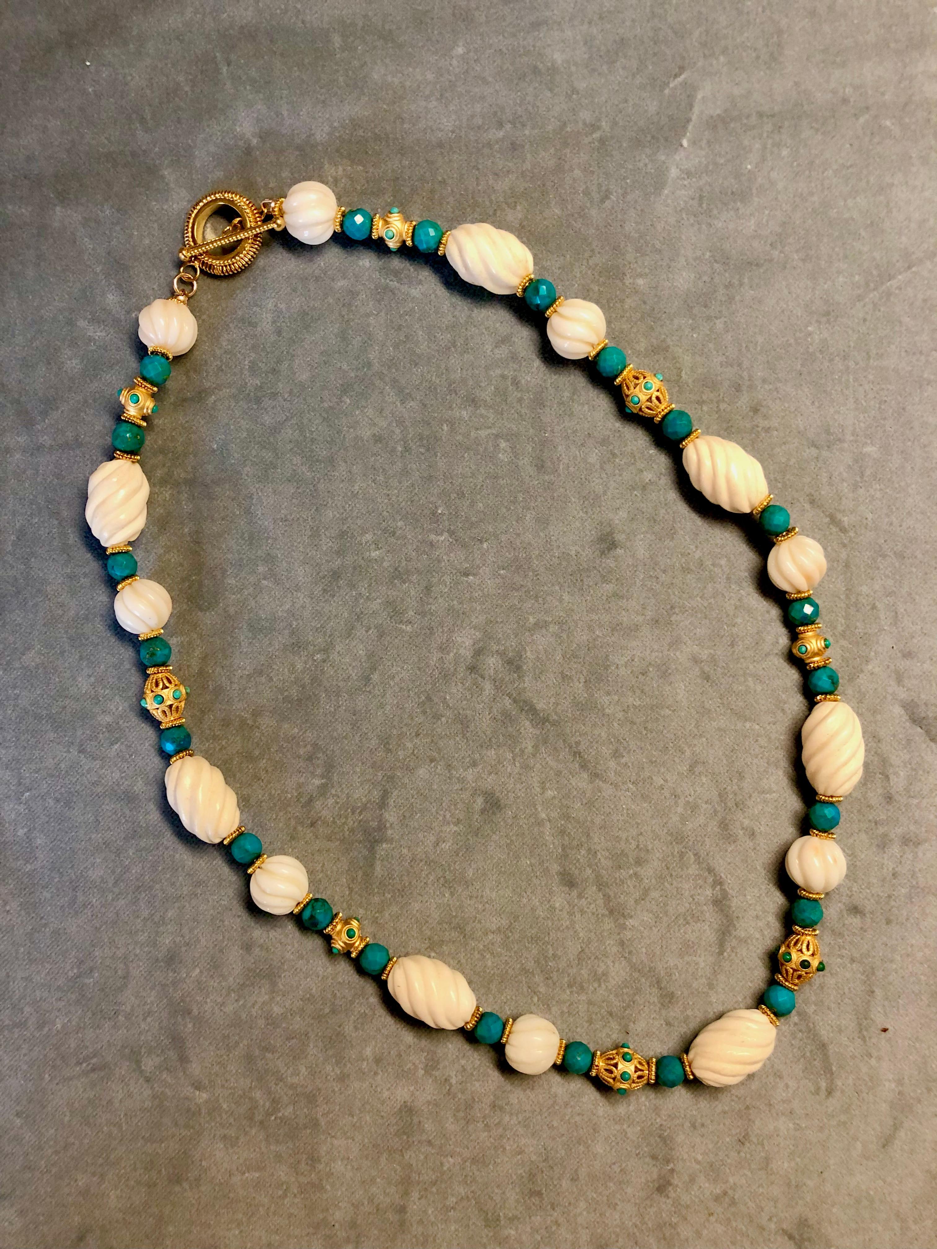 Artisan 19th Century Mughal style necklace w/ vintage bone bead, gold vermeil, turquoise For Sale