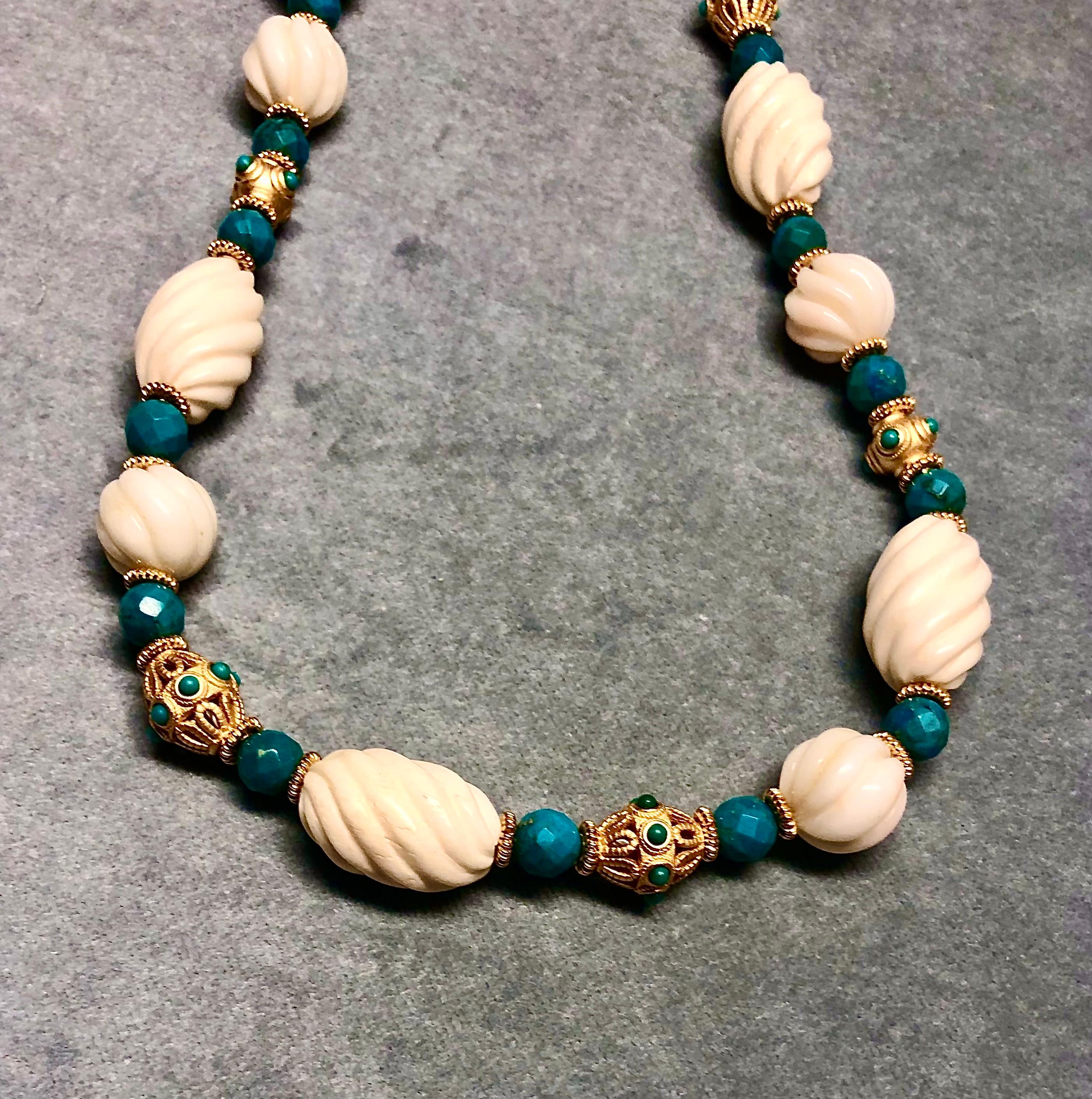 Women's or Men's 19th Century Mughal style necklace w/ vintage bone bead, gold vermeil, turquoise For Sale