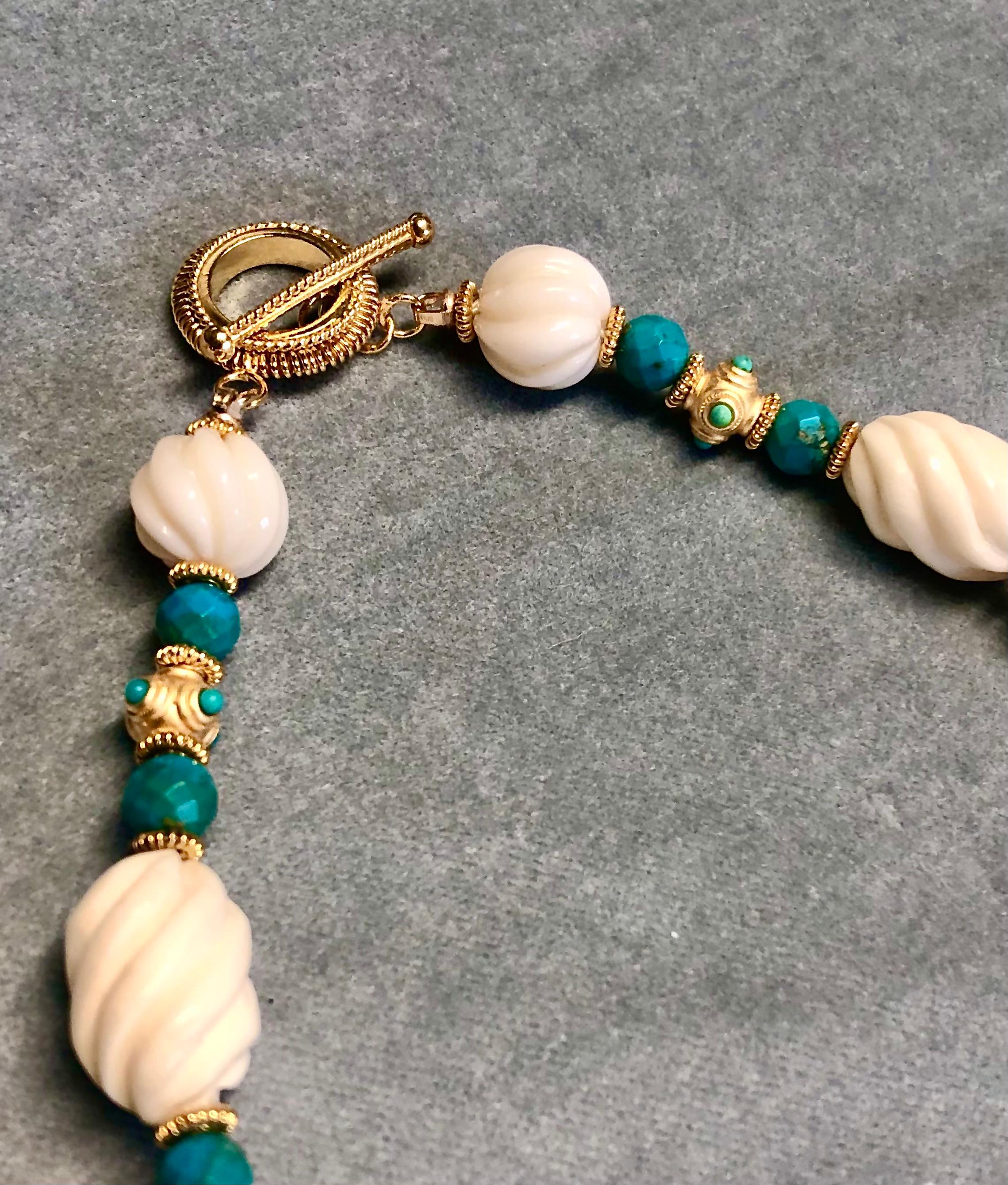 19th Century Mughal style necklace w/ vintage bone bead, gold vermeil, turquoise For Sale 1