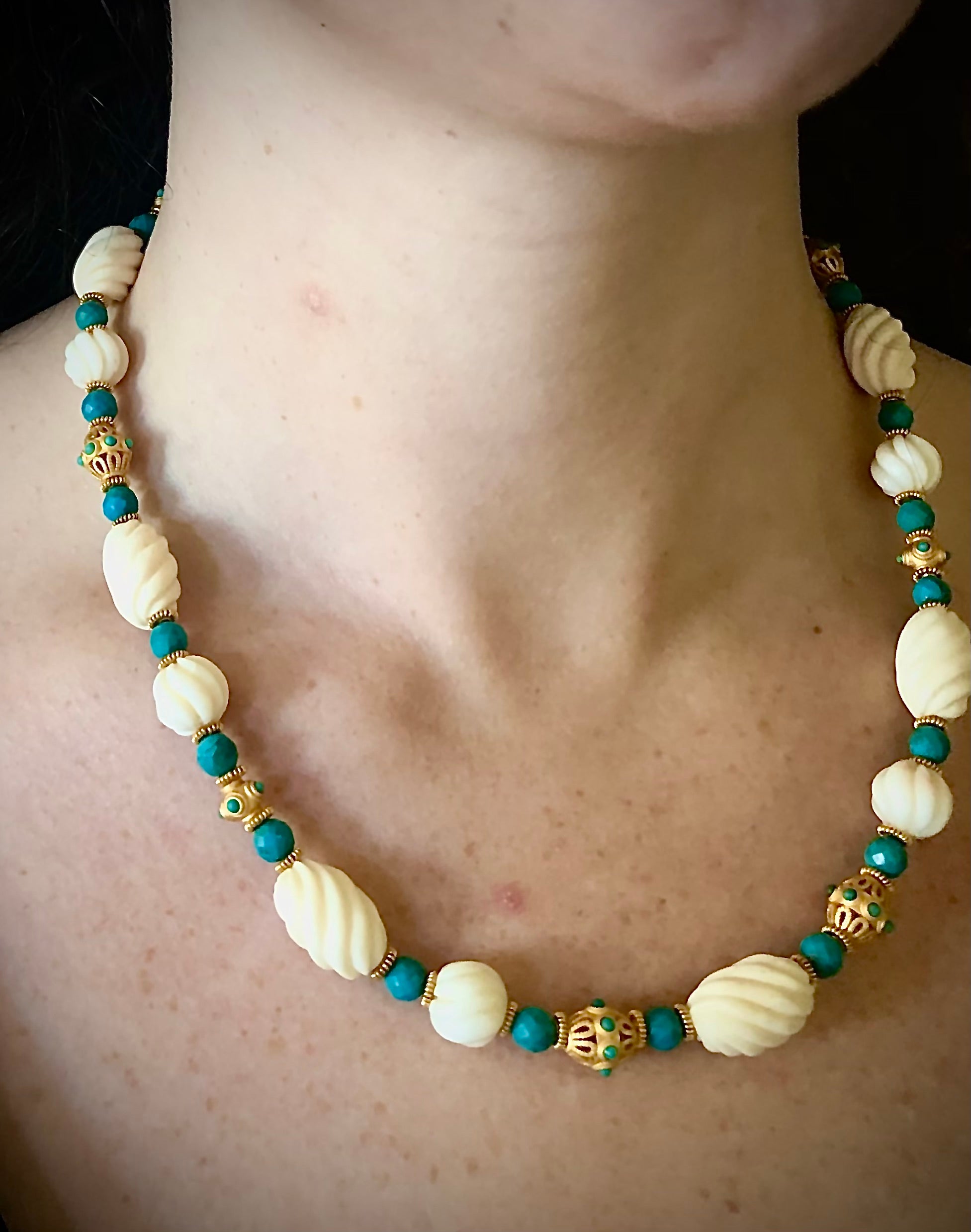 19th Century Mughal style necklace w/ vintage bone bead, gold vermeil, turquoise For Sale