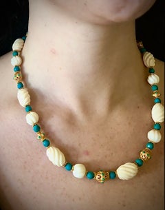 Collier de style moghol du 19ème siècle avec perle en os vintage, vermeil, turquoise