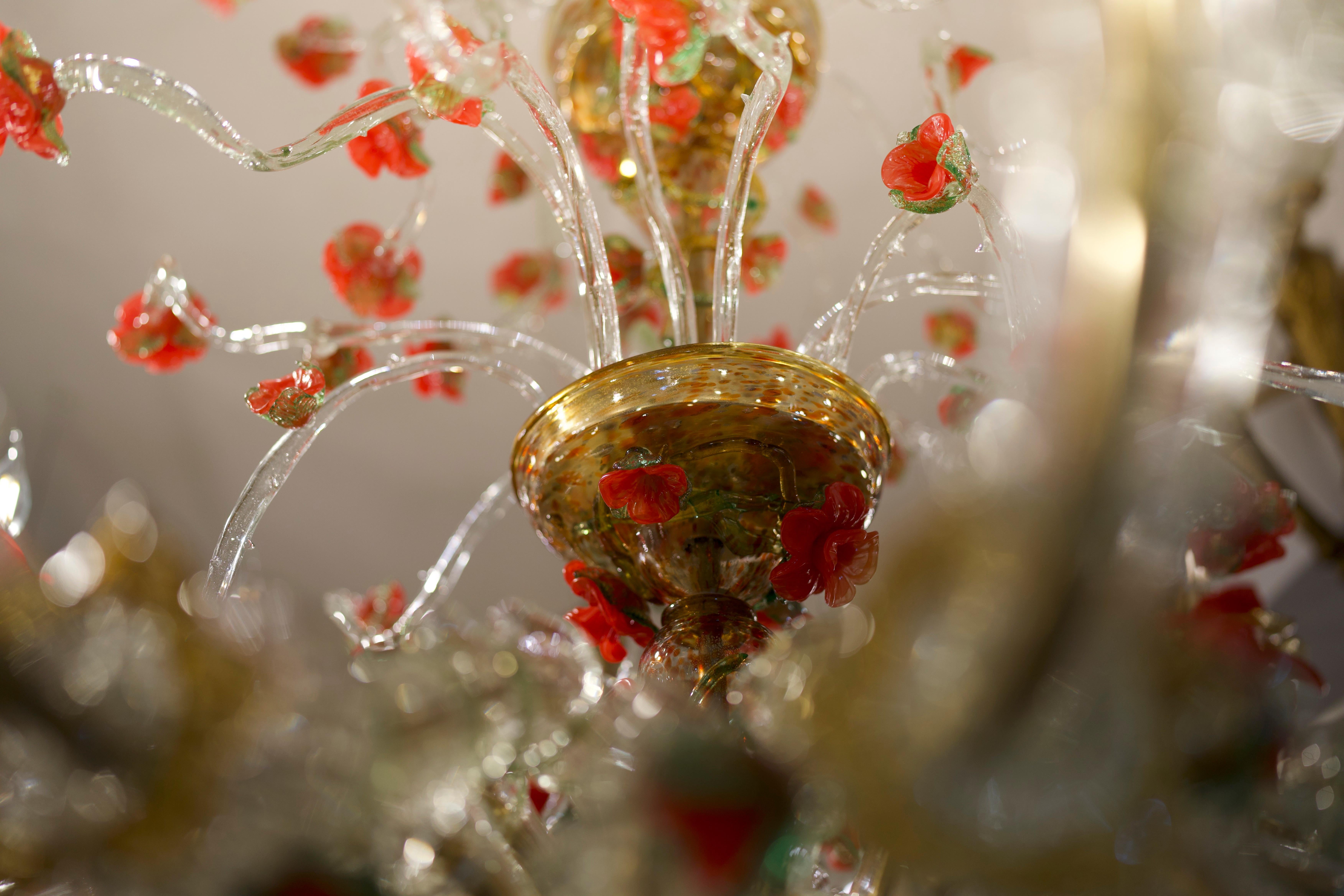 19th Century Murano Glass Rezzonico Style Chandelier with Red Roses For Sale 6