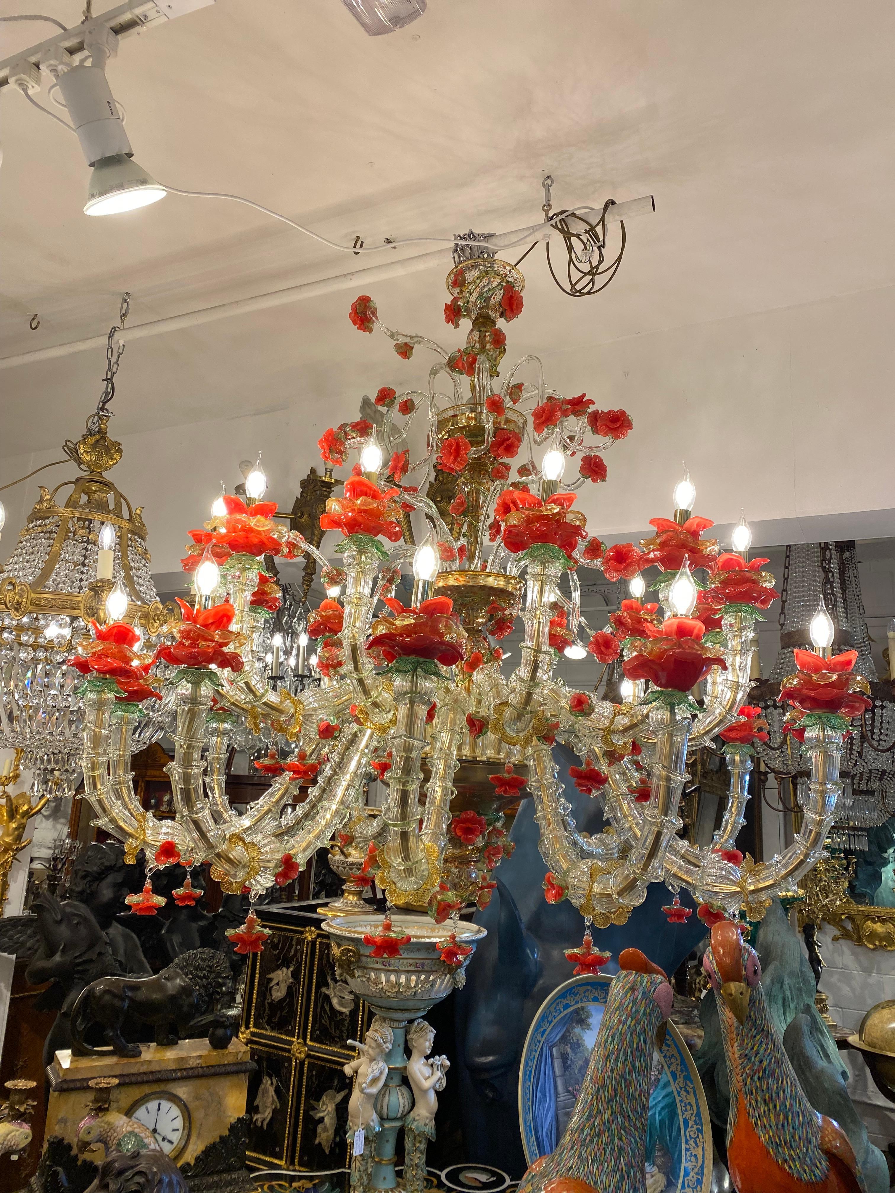 19th Century Murano Glass Rezzonico Style Chandelier with Red Roses For Sale 10