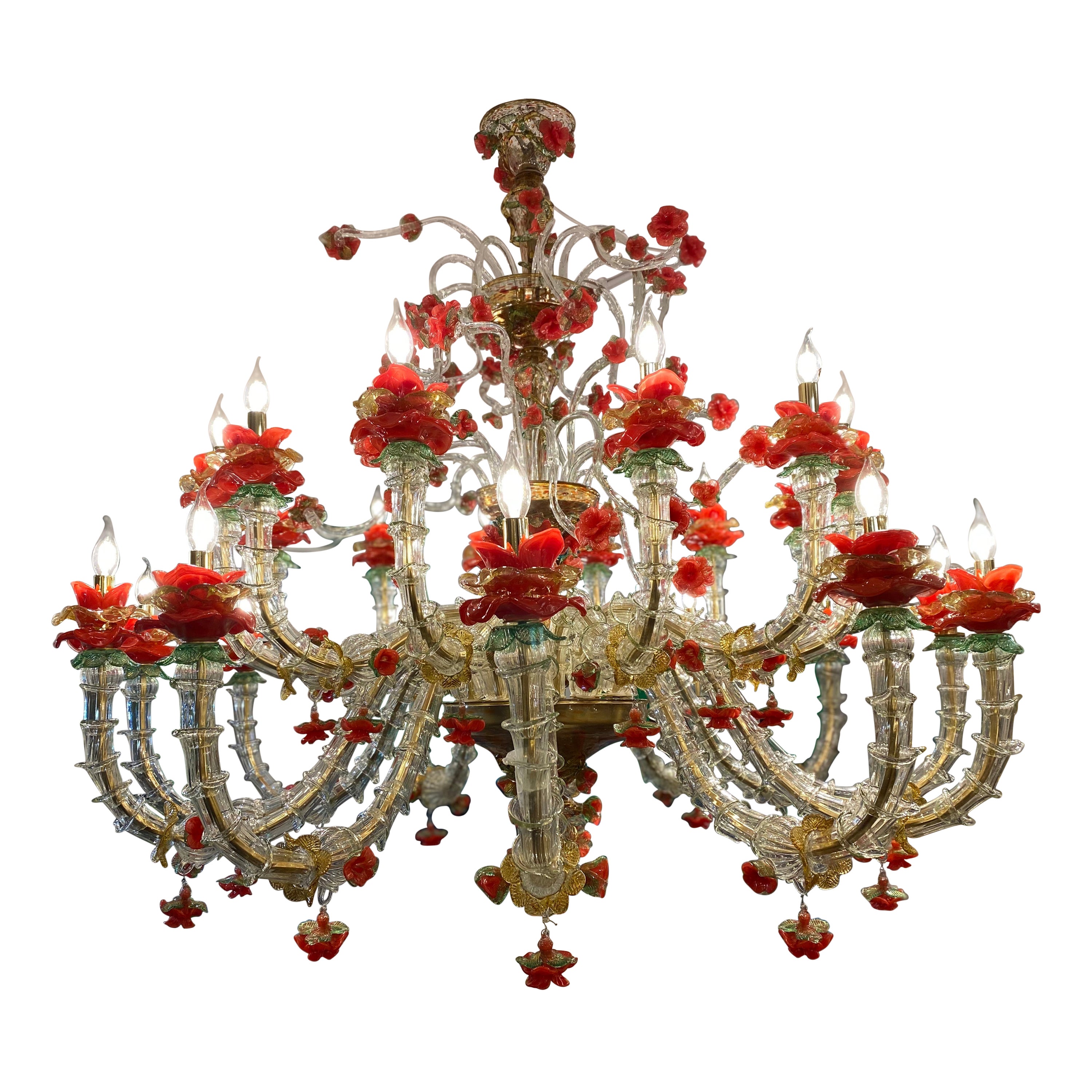 Araña de cristal de Murano del siglo XIX estilo Rezzonico con rosas rojas en venta