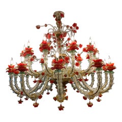 Lampadario in vetro di Murano del XIX secolo in stile Rezzonico con rose rosse