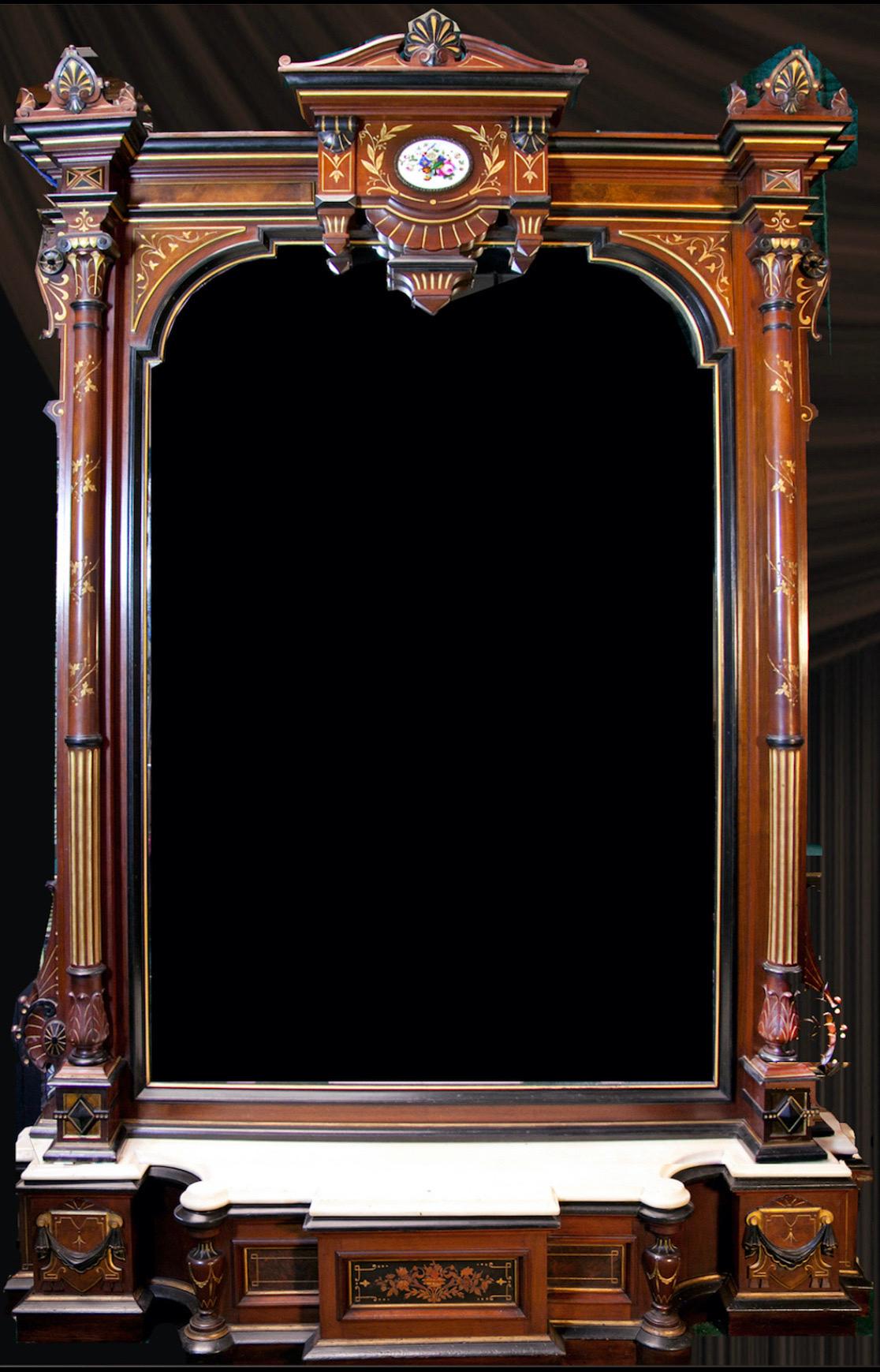 An impressive, museum quality Large American Renaissance walnut, satin wood and porcelain plague 
Attributed to famous cabinet makers during the great American golden Gilded Age
We bought it as att to Herter Bros but could be
Pottier and Stymus
In