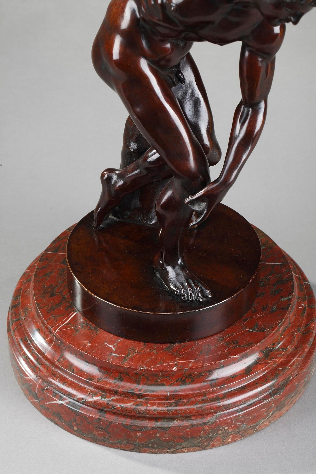 Late 19th century patinated bronze figure featuring Myron Discobolus after the antique. The Discobolus is a Greek sculpture that was completed toward the end of the Severe period, circa 460-450 BC. The original Greek bronze was lost but the work is