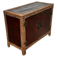 19th Century Nailhead Cowhide Red Mini Sideboard Cabinet